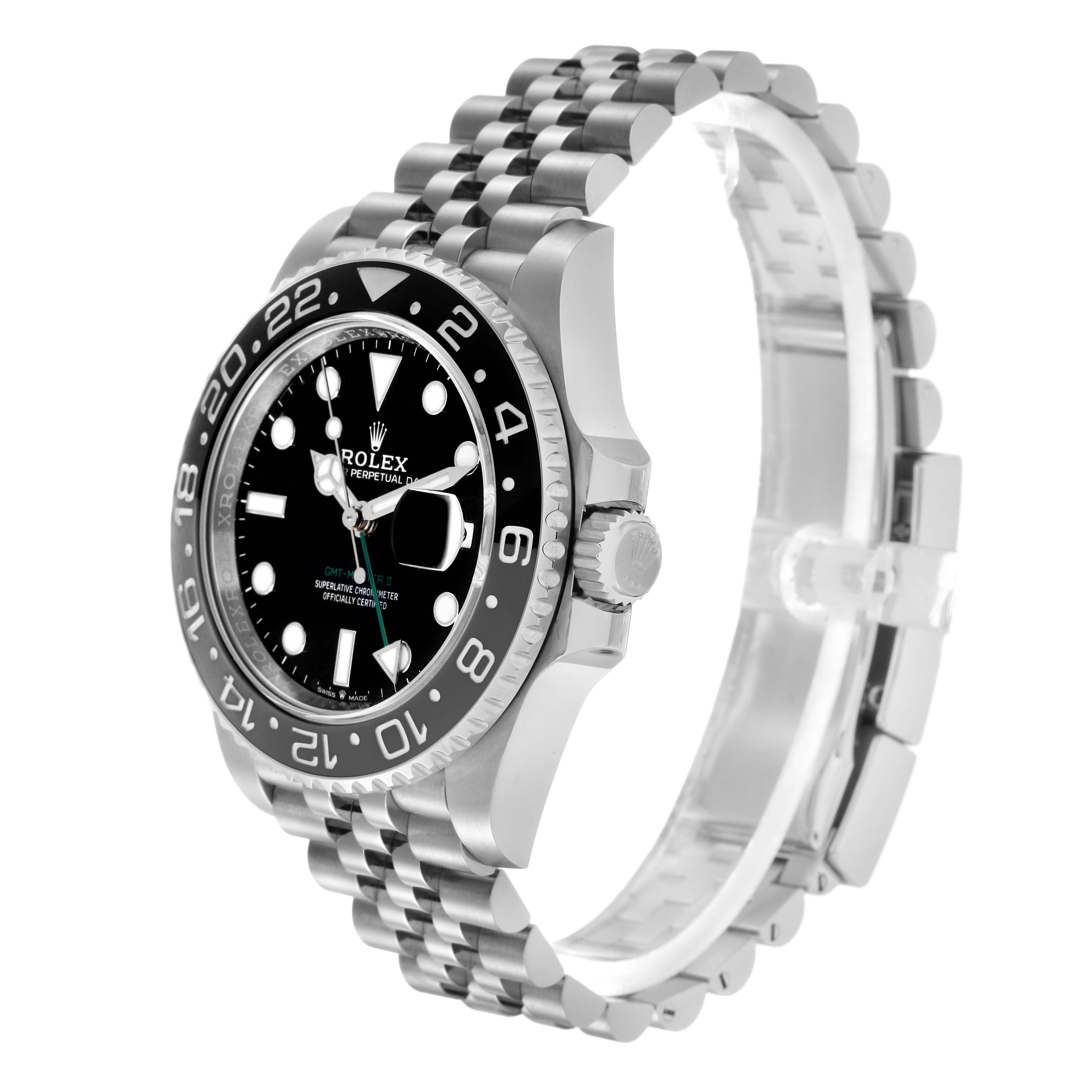 The Rolex GMT-Master 126710 Men
s Stainless Steel Black Dial 126710 Men
s Stainless Steel Black Dial is shown at a three-quarter angle, highlighting the bezel, dial, crown, and Jubilee bracelet.