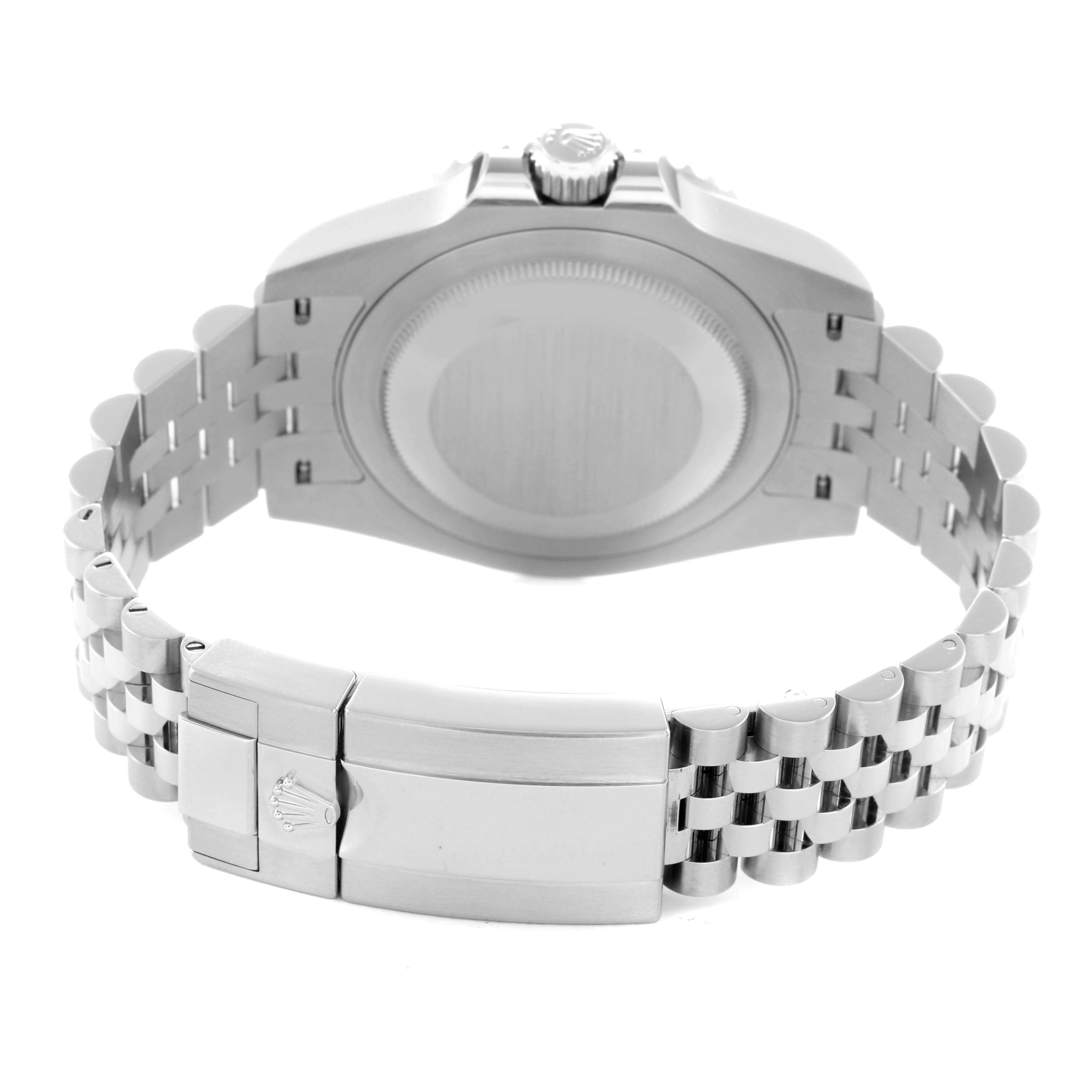 The image shows the back view of a Rolex GMT-Master 126710 Men
s Stainless Steel Black Dial 126710 Men
s Stainless Steel Black Dial watch, focusing on the case back and bracelet clasp.