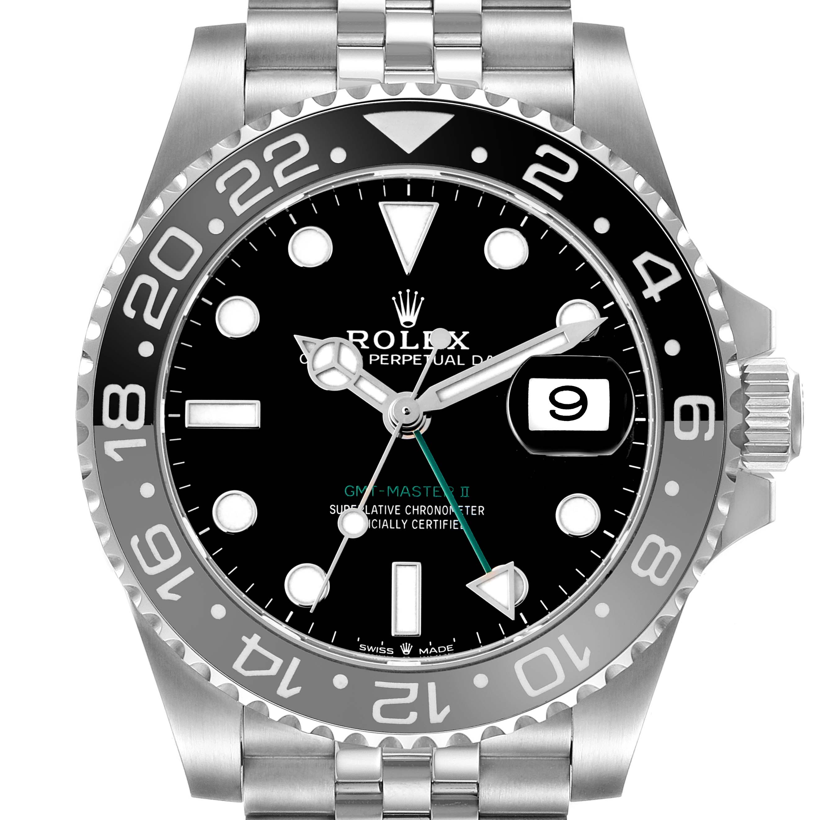 The Rolex GMT-Master 126710 Men
s Stainless Steel Black Dial 126710 Men
s Stainless Steel Black Dial model is shown from a front angle, displaying the bezel, dial, hands, date window, and part of the bracelet.