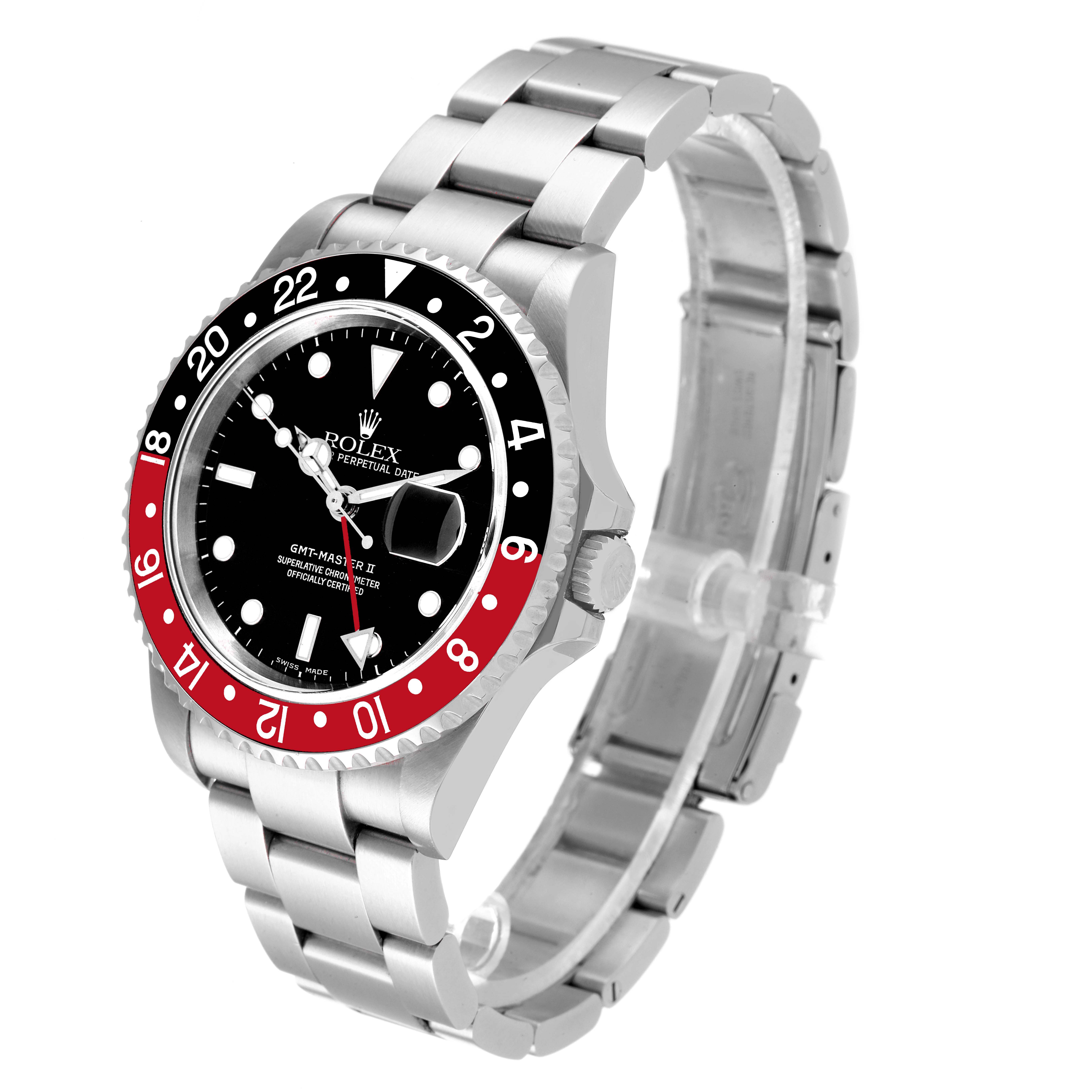 This image of a Rolex GMT-Master 16710 Men
s Stainless Steel Black Dial 16710 Men
s Stainless Steel Black Dial watch shows a front and side angle, highlighting its bezel, dial, and bracelet.