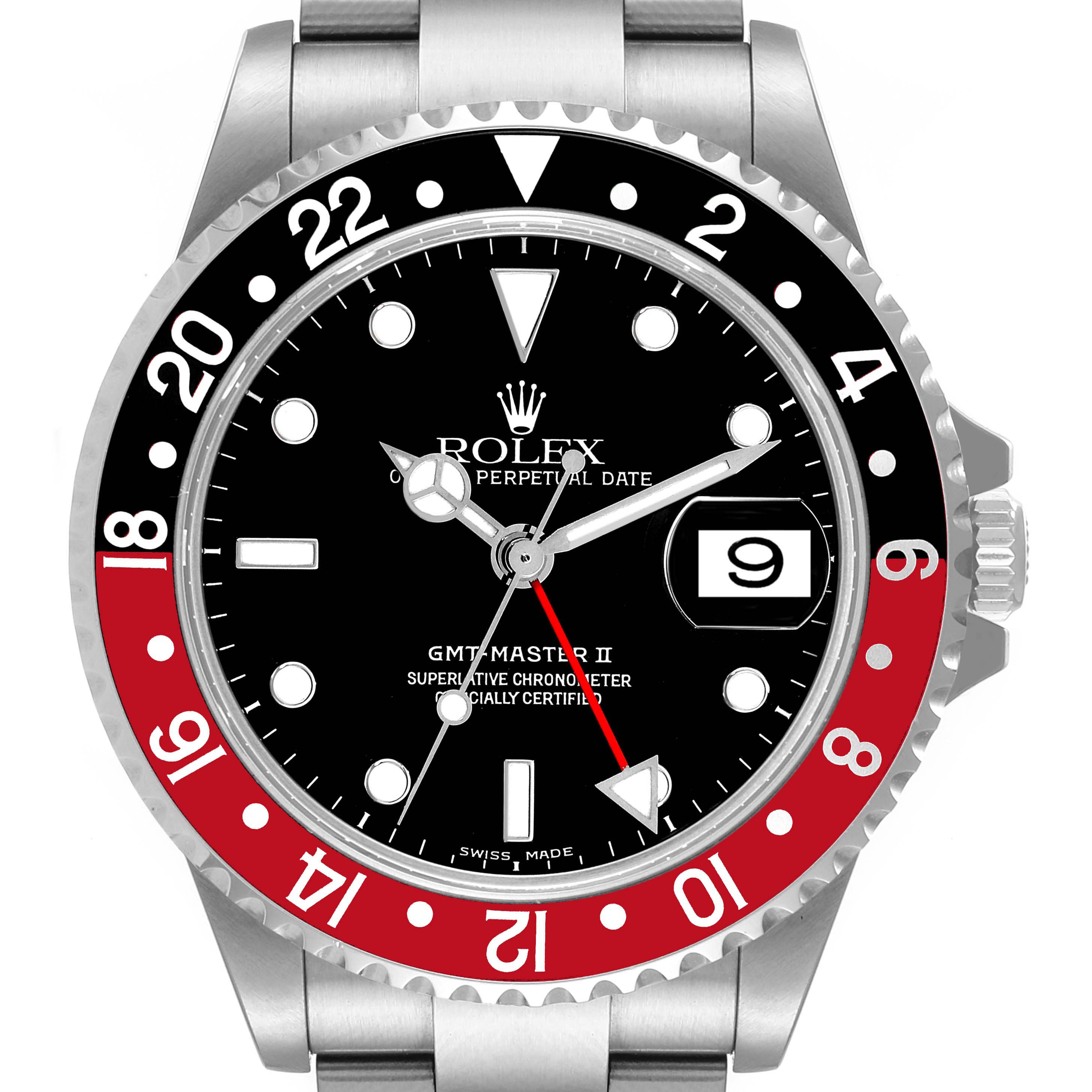 The Rolex GMT-Master 16710 Men
s Stainless Steel Black Dial 16710 Men
s Stainless Steel Black Dial II watch is shown from a front view, displaying its dial, bezel, hands, and part of the bracelet.