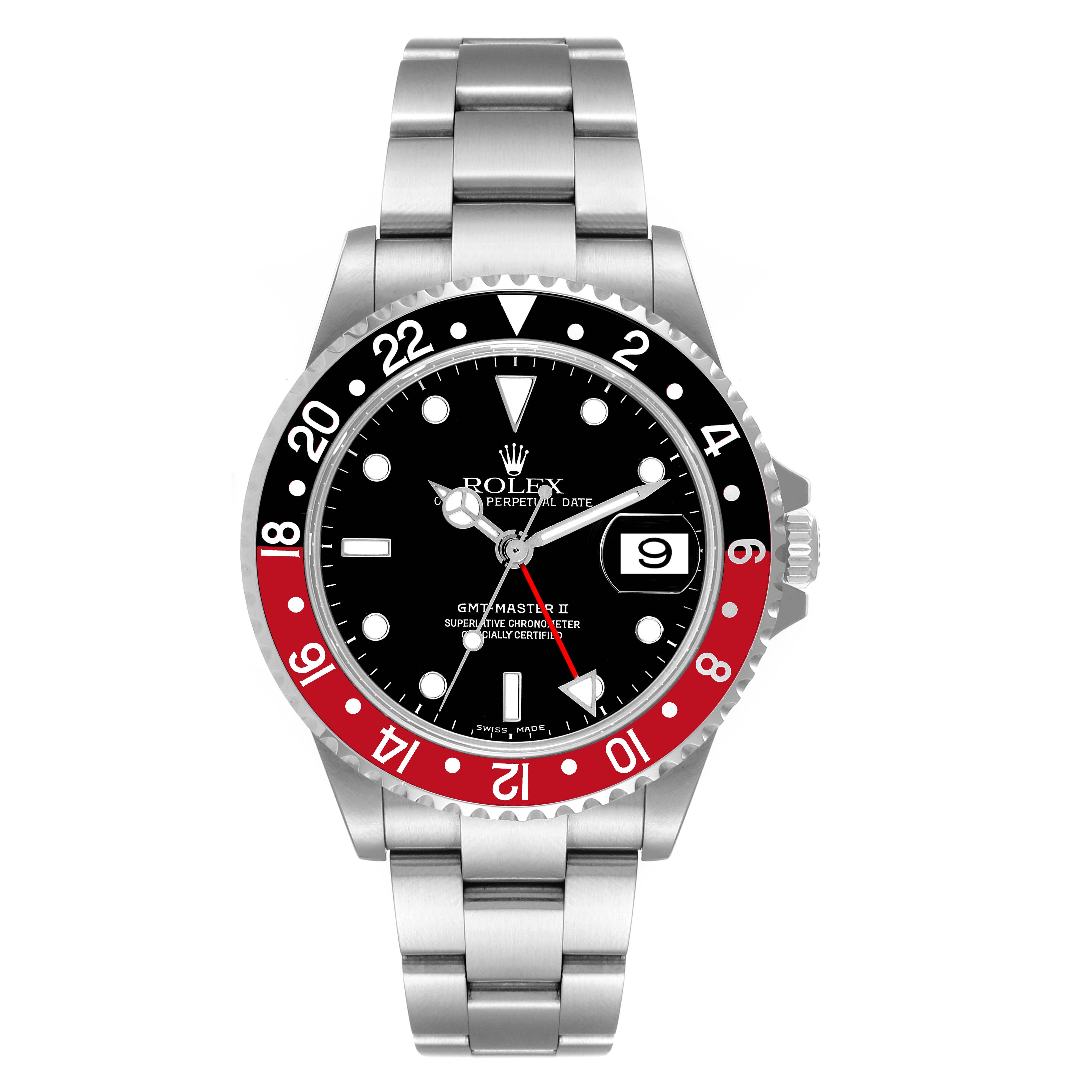 This image shows a front view of the Rolex GMT-Master 16710 Men
s Stainless Steel Black Dial 16710 Men
s Stainless Steel Black Dial II watch, displaying the dial, bezel, and bracelet.