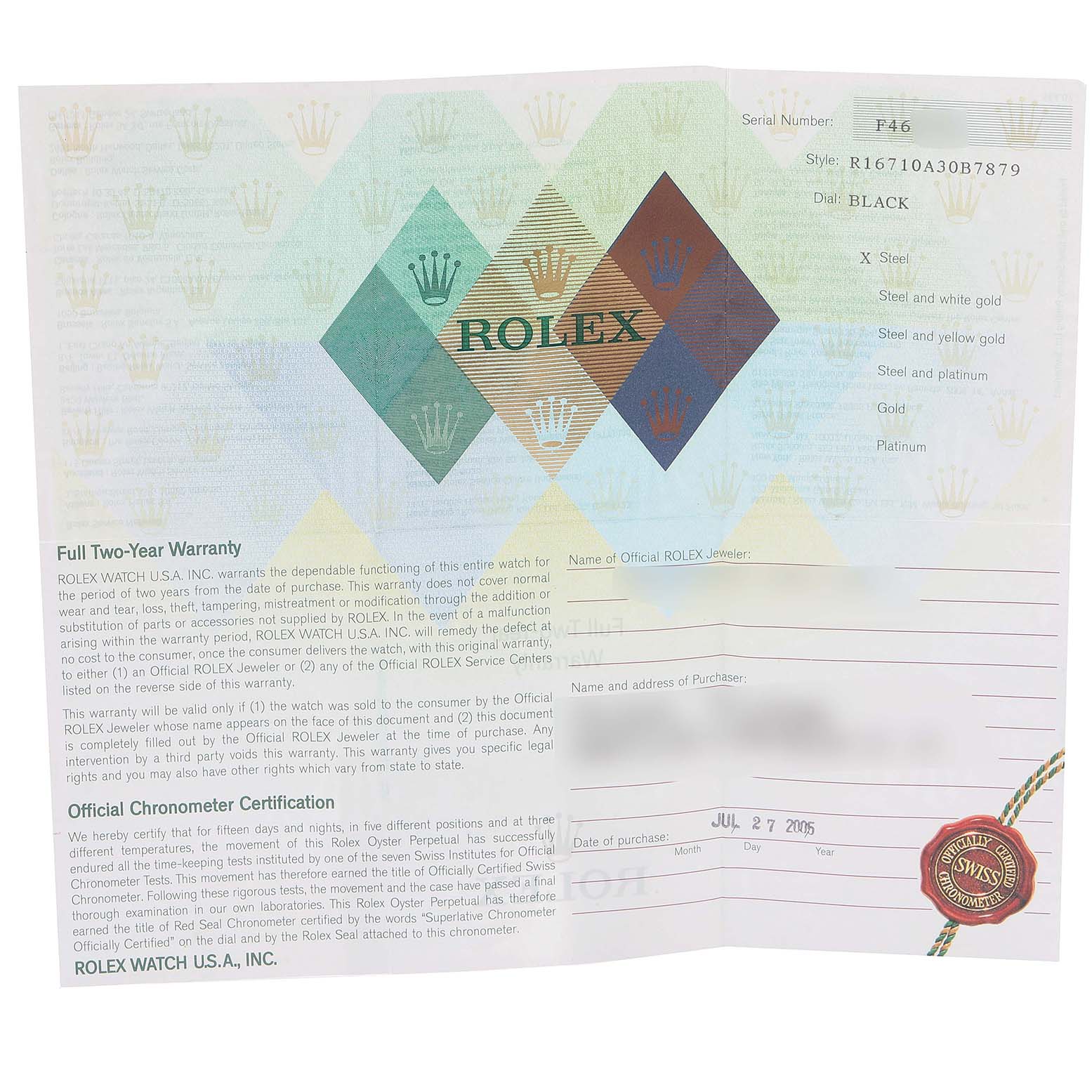 The image shows the official warranty card for a Rolex GMT-Master 16710 Men
s Stainless Steel Black Dial 16710 Men
s Stainless Steel Black Dial model, highlighting specific details such as serial and style numbers.