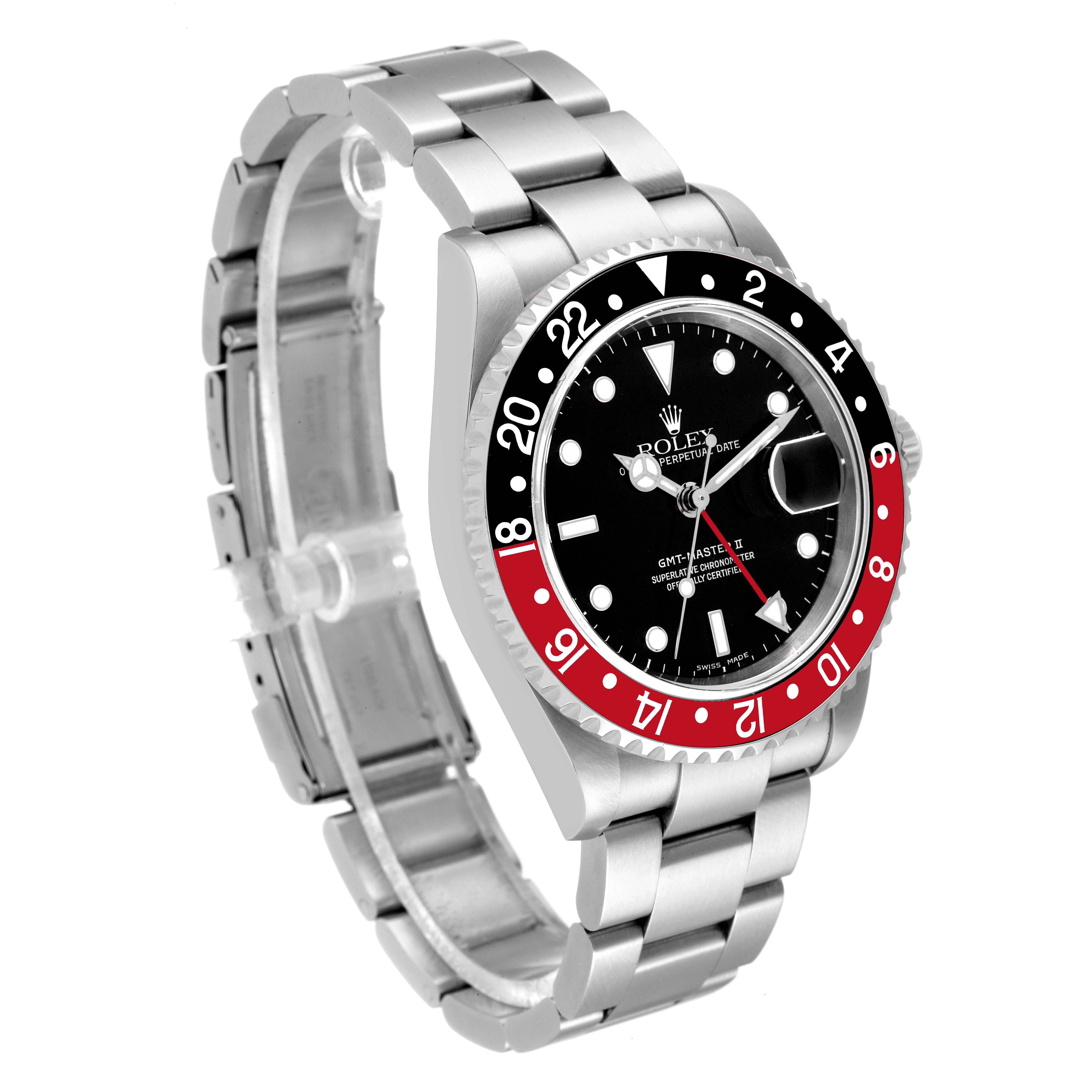This image shows a silver Rolex GMT-Master 16710 Men
s Stainless Steel Black Dial 16710 Men
s Stainless Steel Black Dial watch from an angled side view, highlighting its face, bezel, and bracelet.
