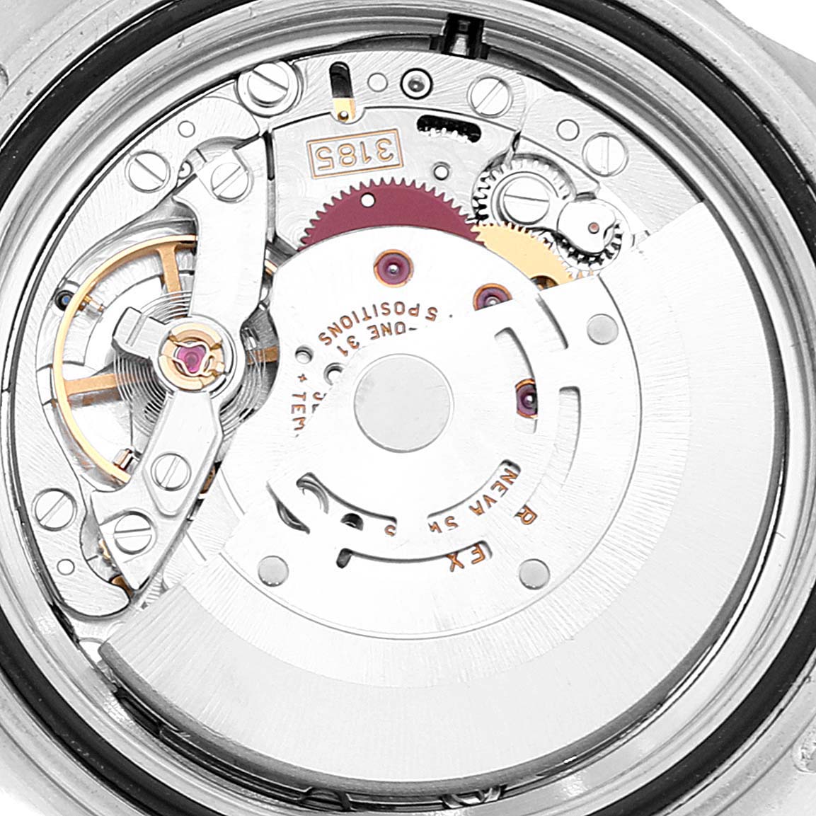 The image shows the internal movement mechanism of a Rolex GMT-Master 16710 Men
s Stainless Steel Black Dial 16710 Men
s Stainless Steel Black Dial watch from a close-up angle.