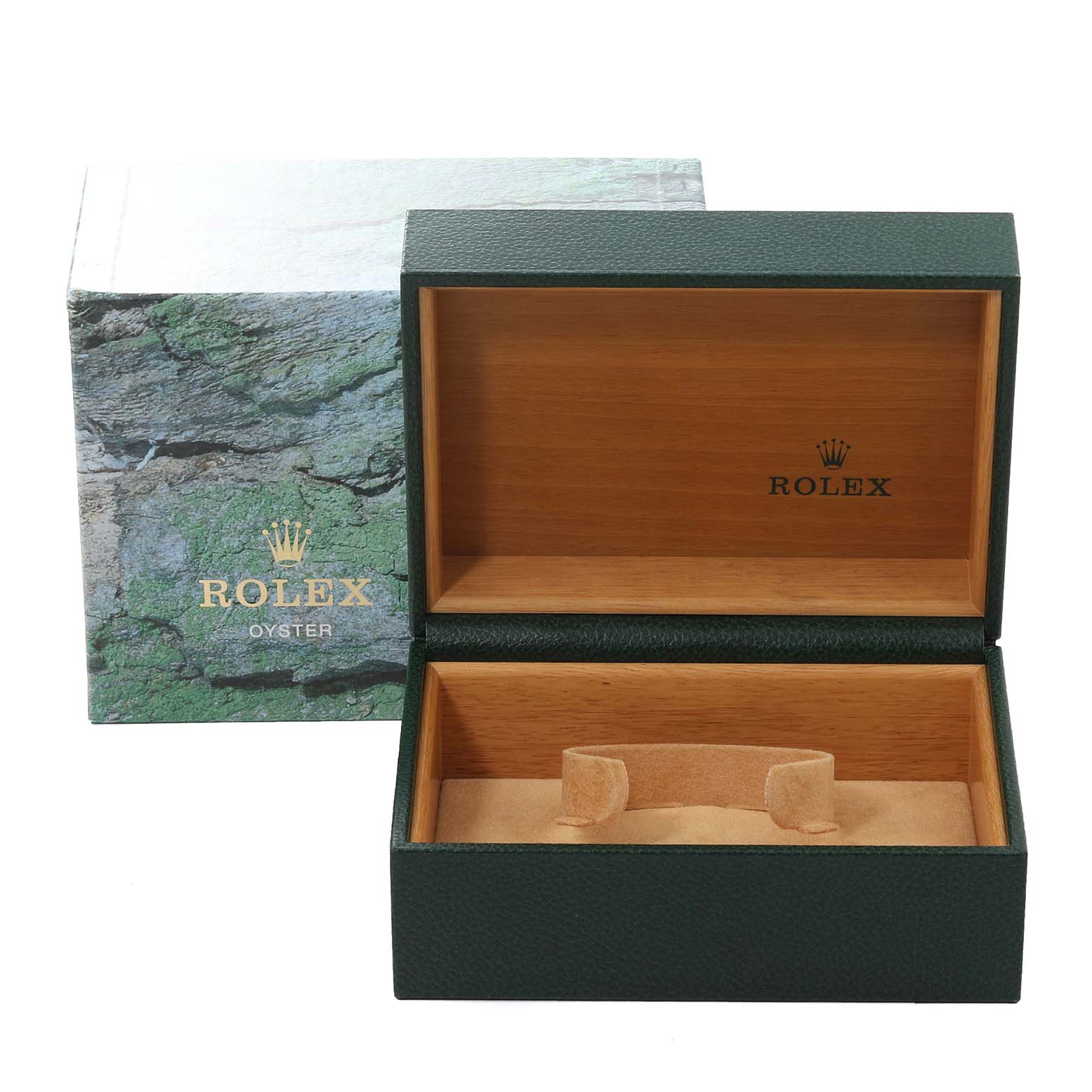 The image shows an open Rolex Oyster watch box and its external packaging for the GMT-Master model.