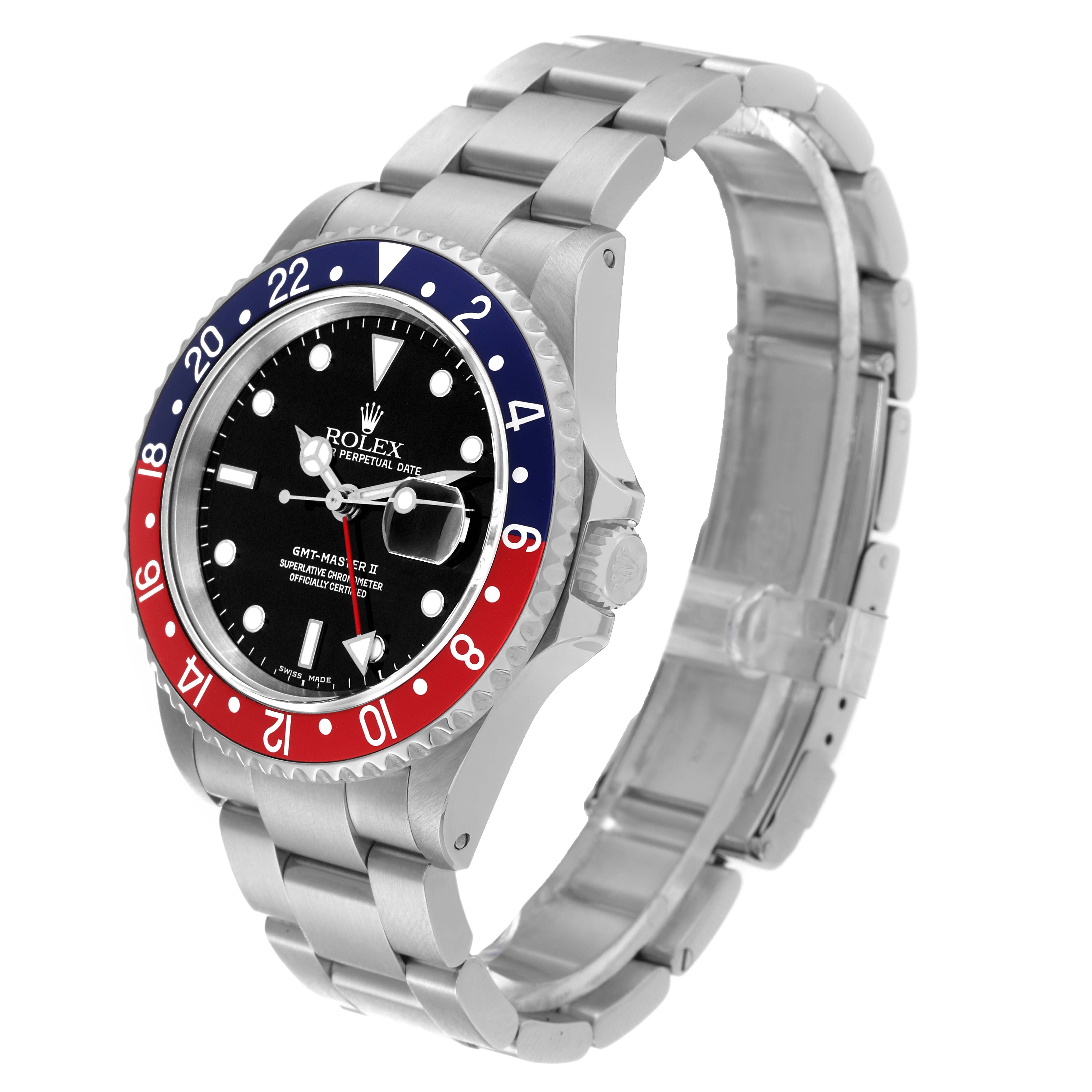 The Rolex GMT-Master 16710 Men
s Stainless Steel Black Dial 16710 Men
s Stainless Steel Black Dial watch is shown at a slight angle, displaying the face, bezel, crown, and part of the metal bracelet.