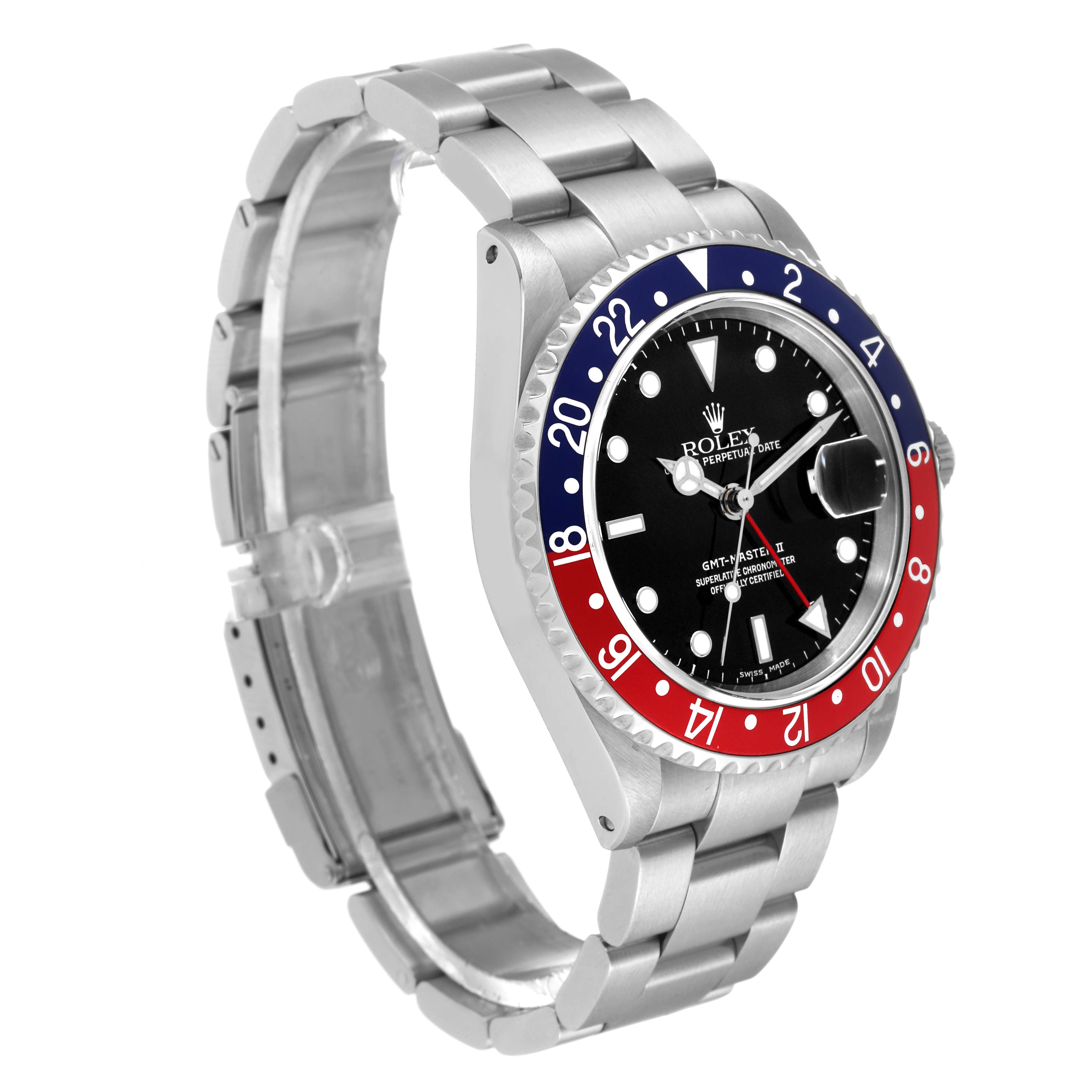 The image shows a Rolex GMT-Master 16710 Men
s Stainless Steel Black Dial 16710 Men
s Stainless Steel Black Dial watch at a three-quarter angle, highlighting its bezel, dial, and bracelet.
