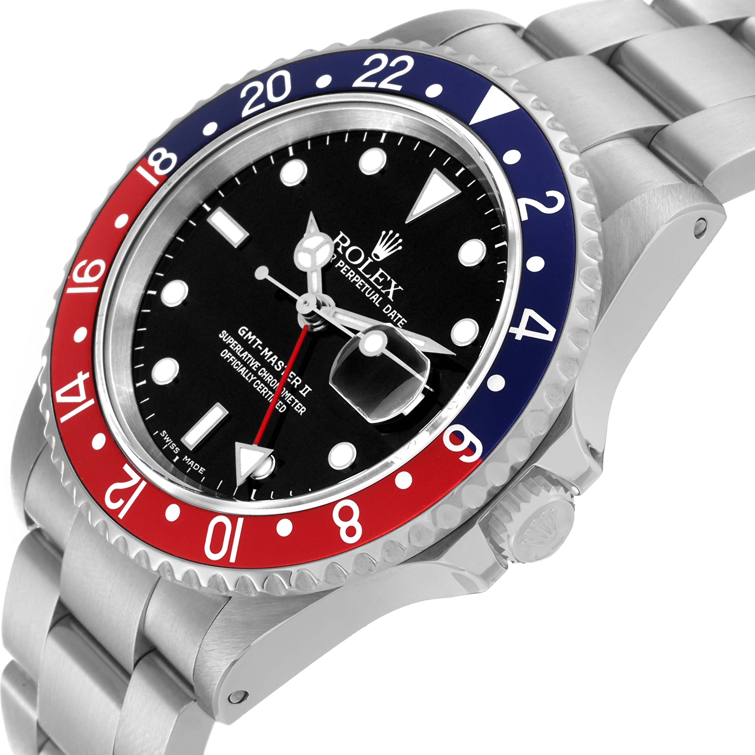 The image shows a side angle of the Rolex GMT-Master 16710 Men
s Stainless Steel Black Dial 16710 Men
s Stainless Steel Black Dial watch, highlighting its bezel, dial, and part of the bracelet.