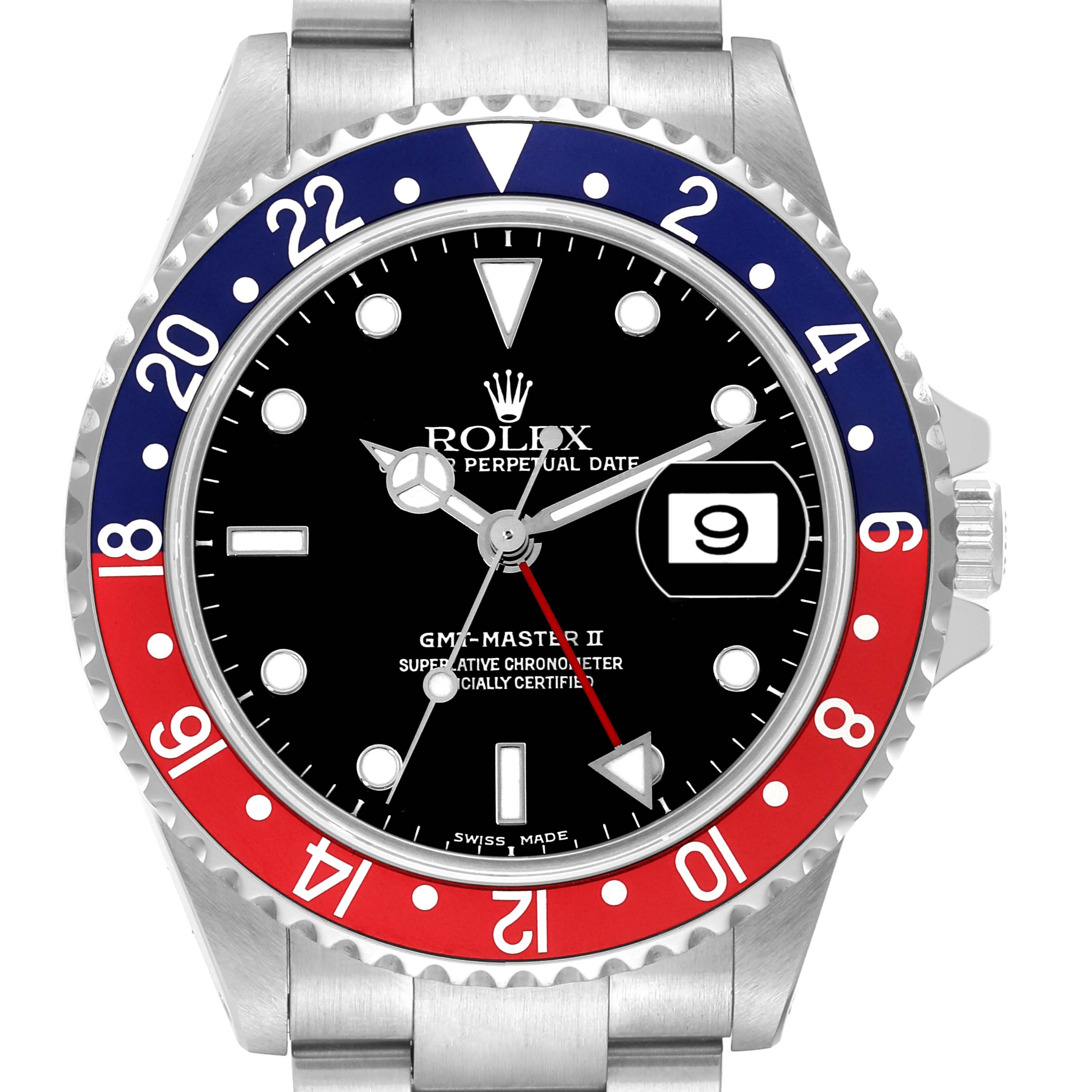 The image shows a frontal view of the Rolex GMT-Master 16710 Men
s Stainless Steel Black Dial 16710 Men
s Stainless Steel Black Dial II with a red and blue bezel and a black dial.