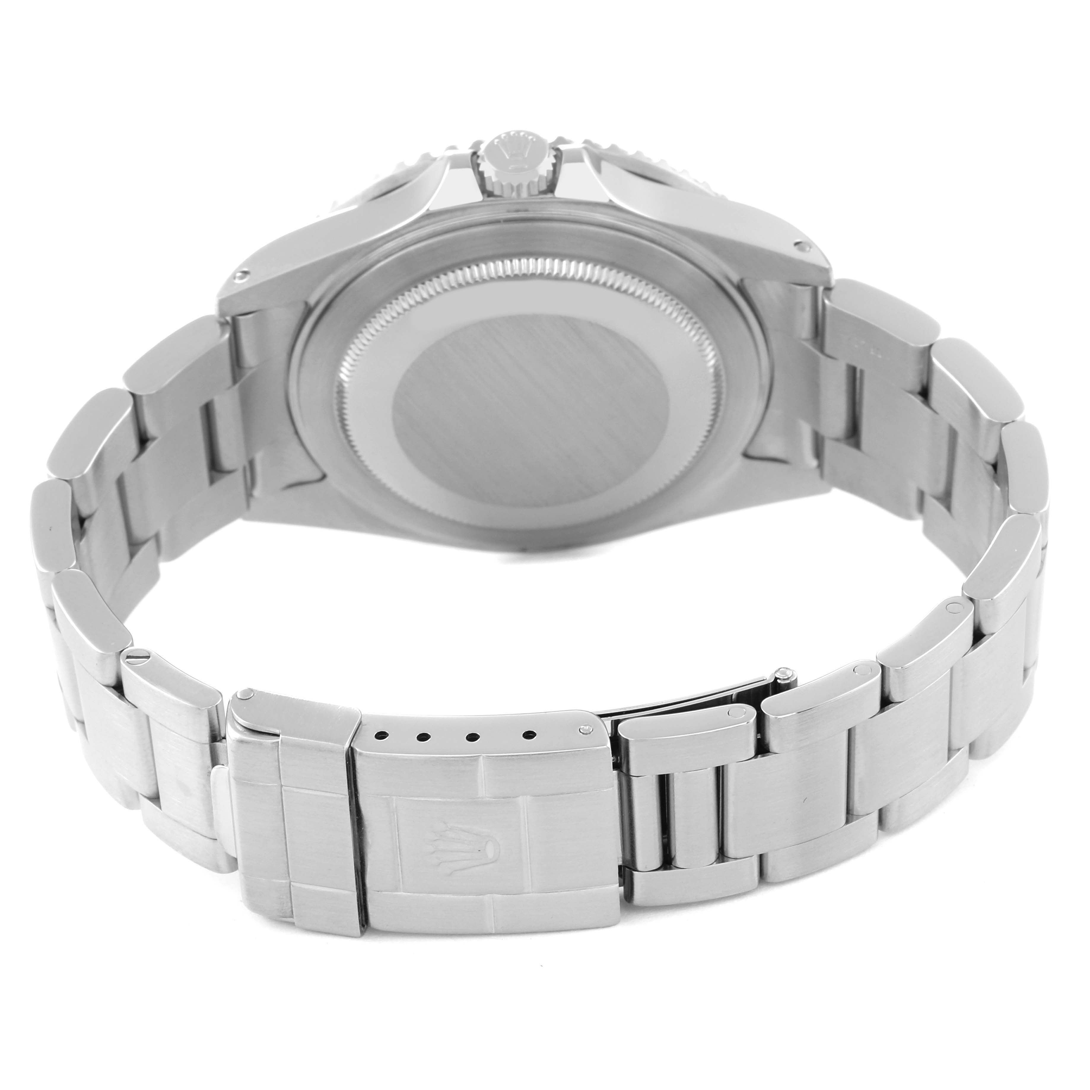 The image shows the back case and clasp of a Rolex GMT-Master 16710 Men
s Stainless Steel Black Dial 16710 Men
s Stainless Steel Black Dial watch from a near-horizontal angle.