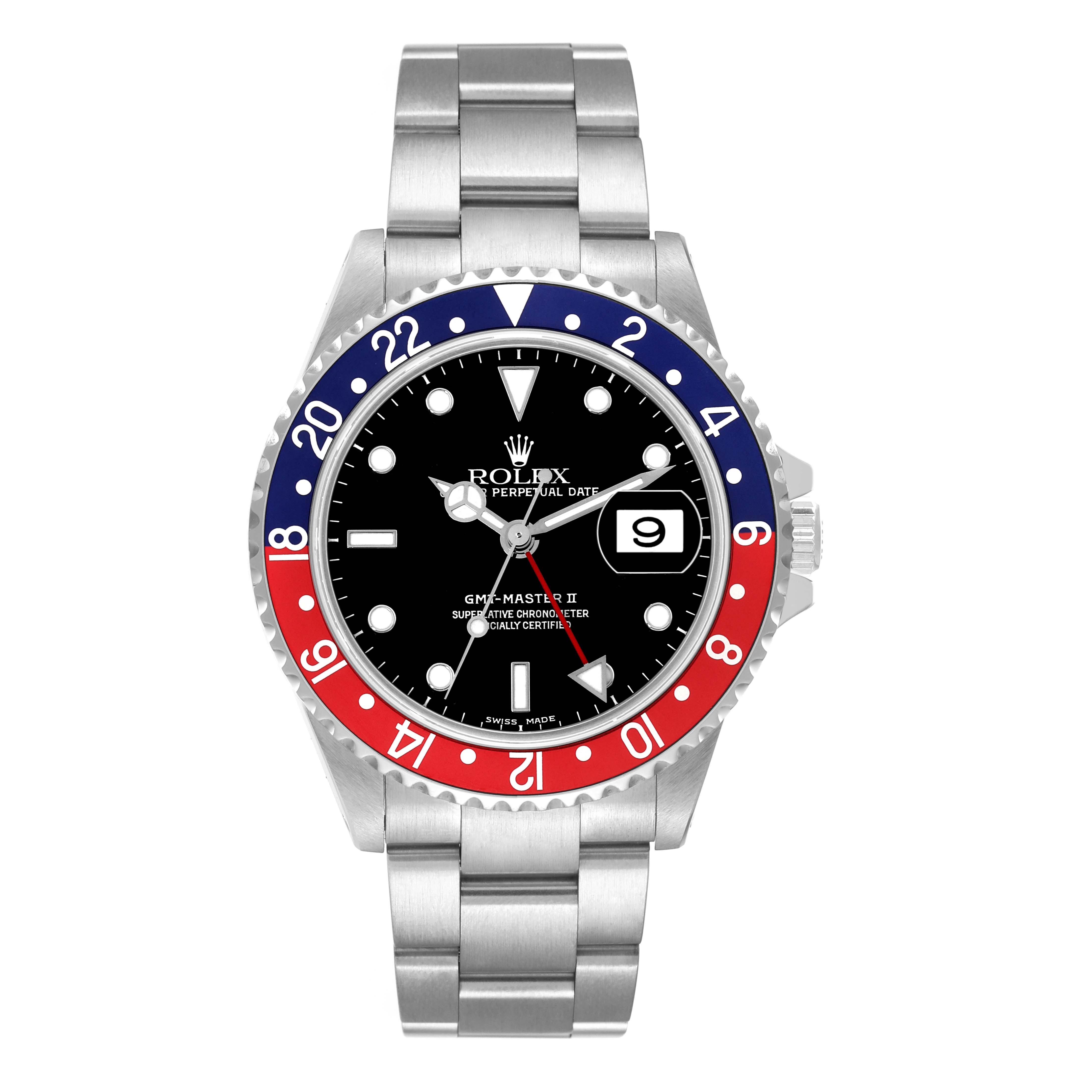 This image shows a Rolex GMT-Master 16710 Men
s Stainless Steel Black Dial 16710 Men
s Stainless Steel Black Dial watch from the front, highlighting the bezel, dial, hands, date window, and bracelet.