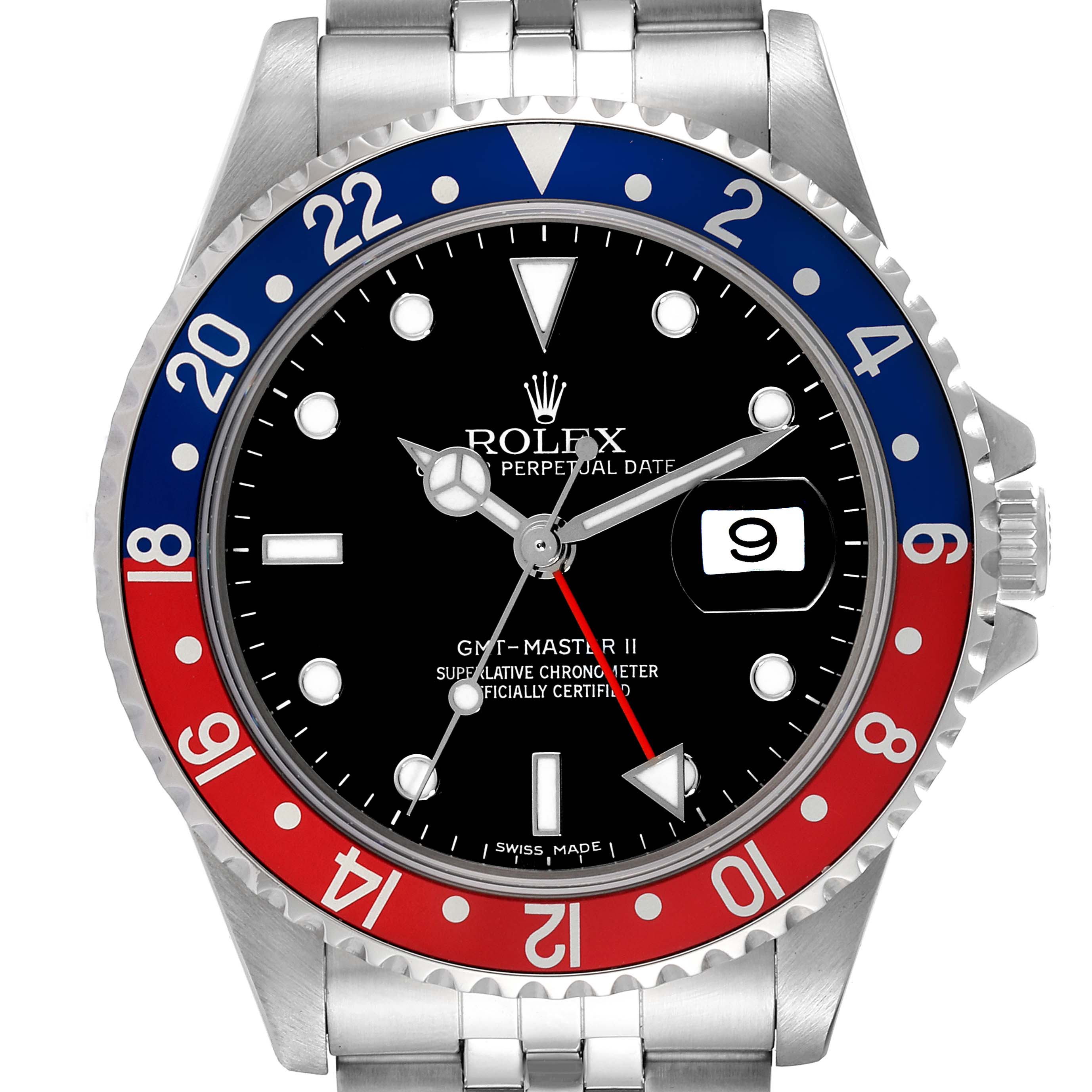 The image shows a frontal view of a Rolex GMT-Master II Date model watch with a black dial and a red and blue bezel.