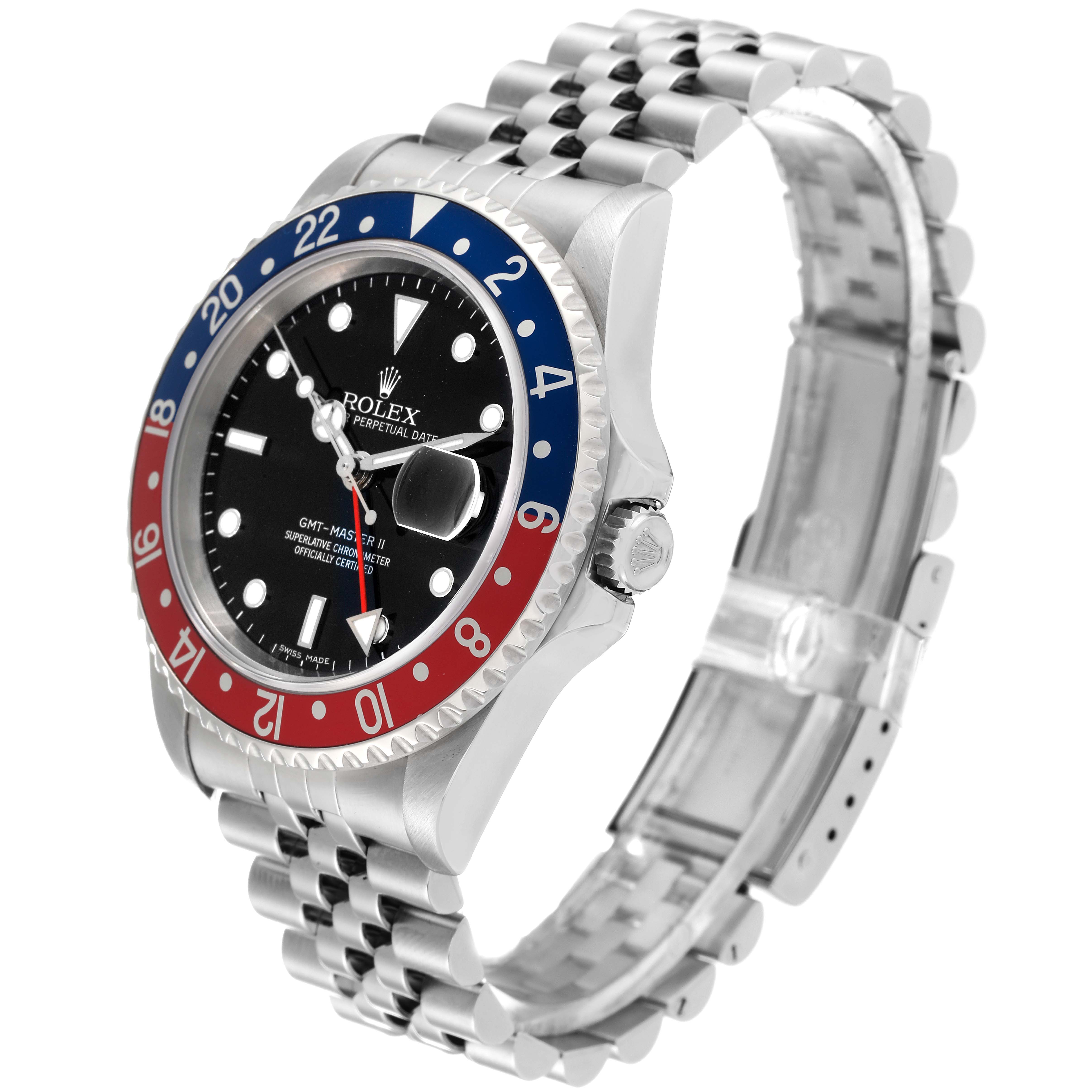 This image shows a Rolex GMT-Master II Date model watch at a side angle, highlighting its bezel, dial, and bracelet.