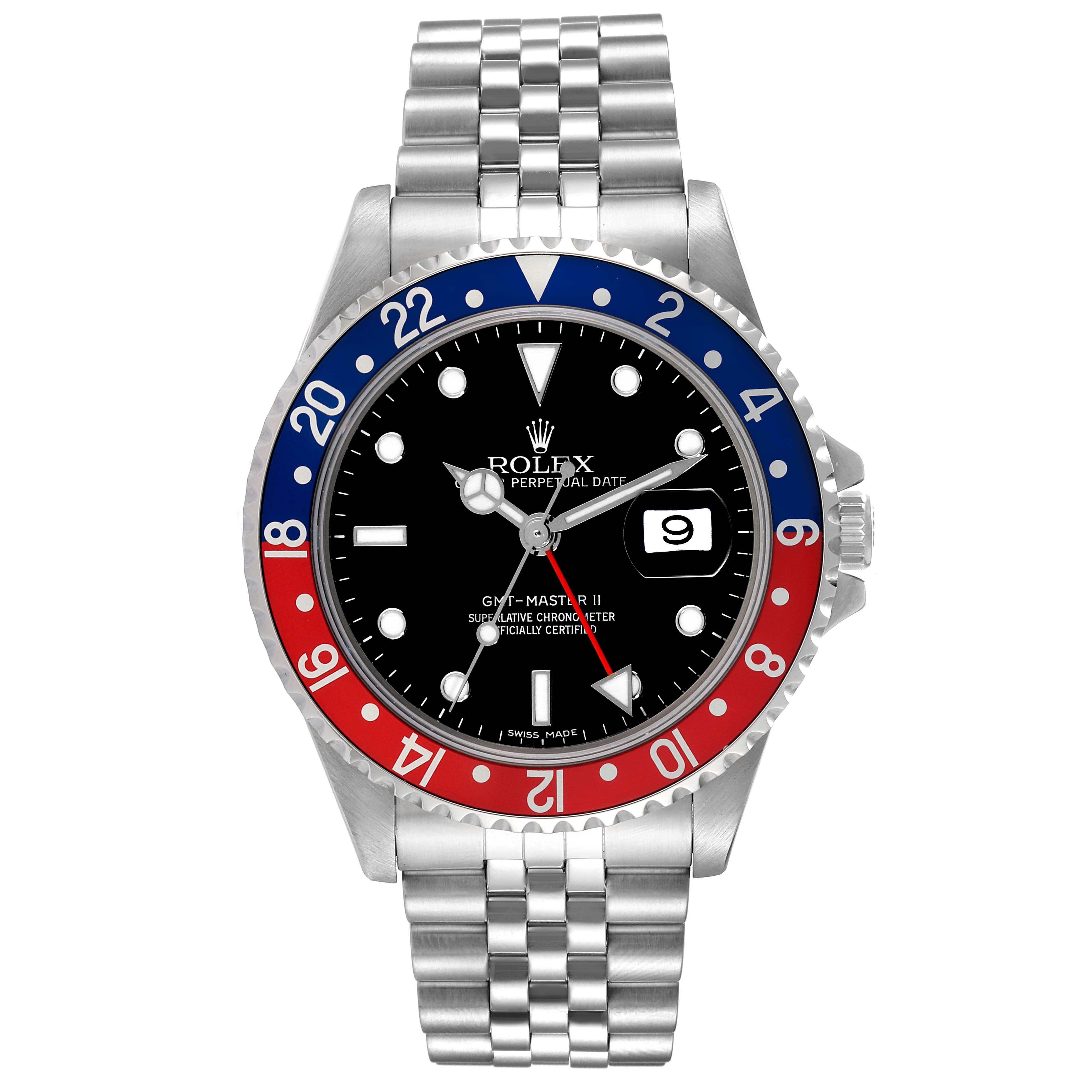 This Rolex Date 16710 Men's Stainless Steel Black Dial 16710 Men's Stainless Steel Black Dial model watch is shown from the front, highlighting the bezel, dial, hands, date window, and bracelet.