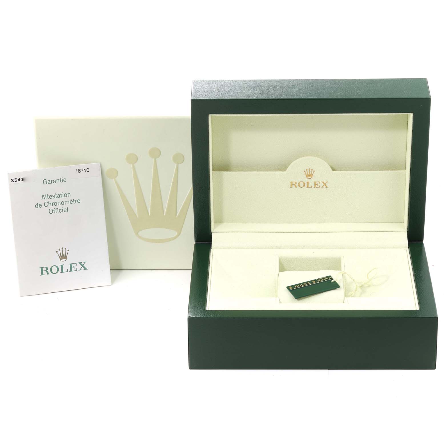 The image shows an empty Rolex Date 16710 Men's Stainless Steel Black Dial 16710 Men's Stainless Steel Black Dial model watch box with warranty booklets and tag, viewed from the front.