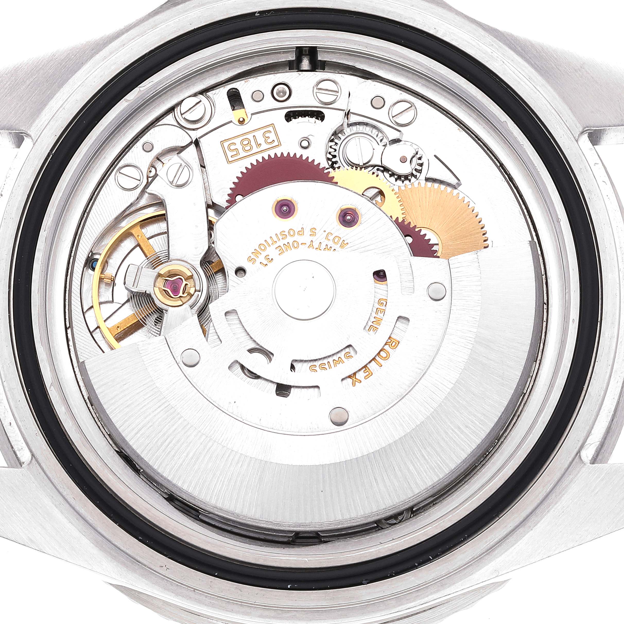 This image shows the internal movement mechanism of a Rolex Date 16710 Men's Stainless Steel Black Dial 16710 Men's Stainless Steel Black Dial watch model, photographed from the back with the case back removed.