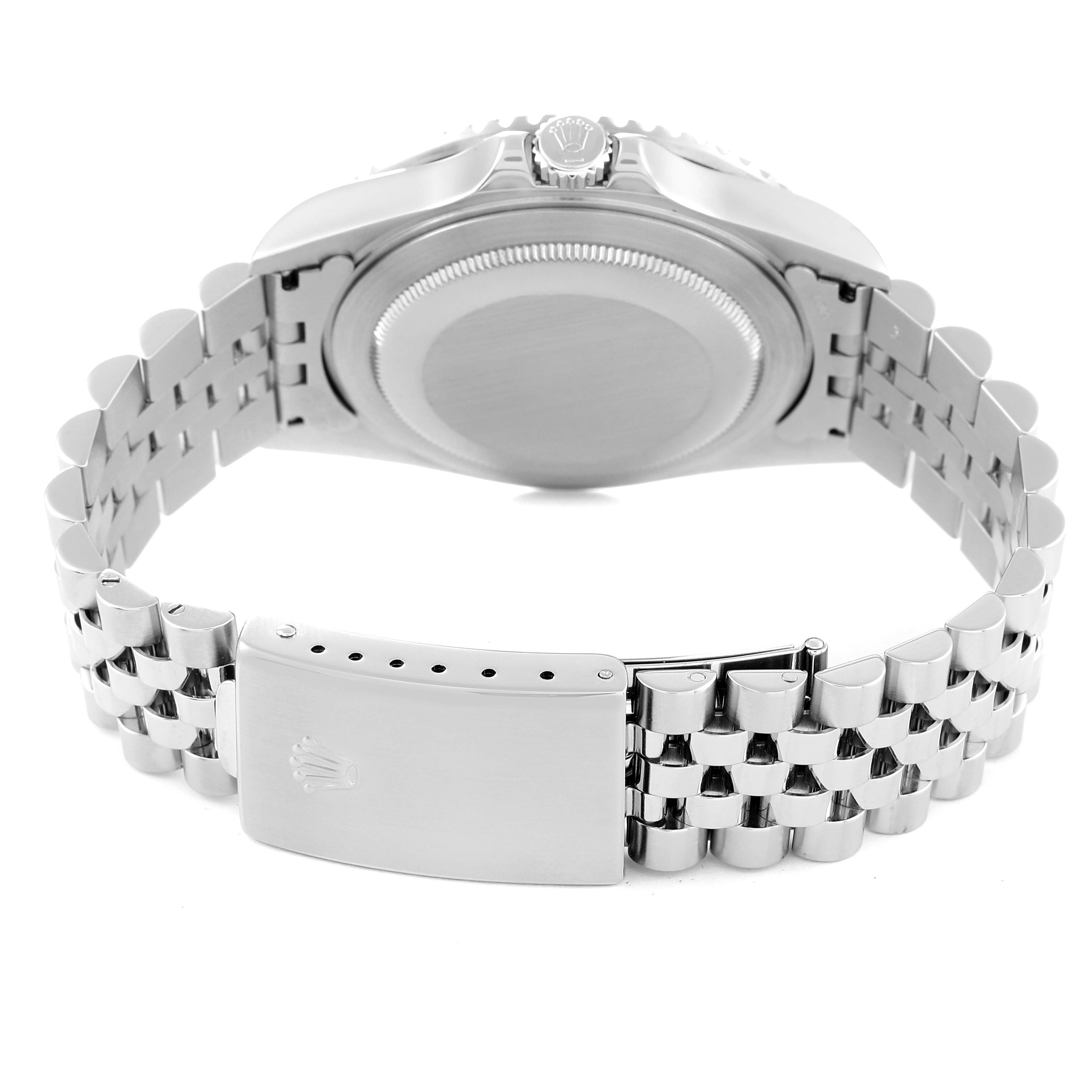 The image shows the back and bracelet of a Rolex Date 16710 Men's Stainless Steel Black Dial 16710 Men's Stainless Steel Black Dial model watch, including the clasp and case back.