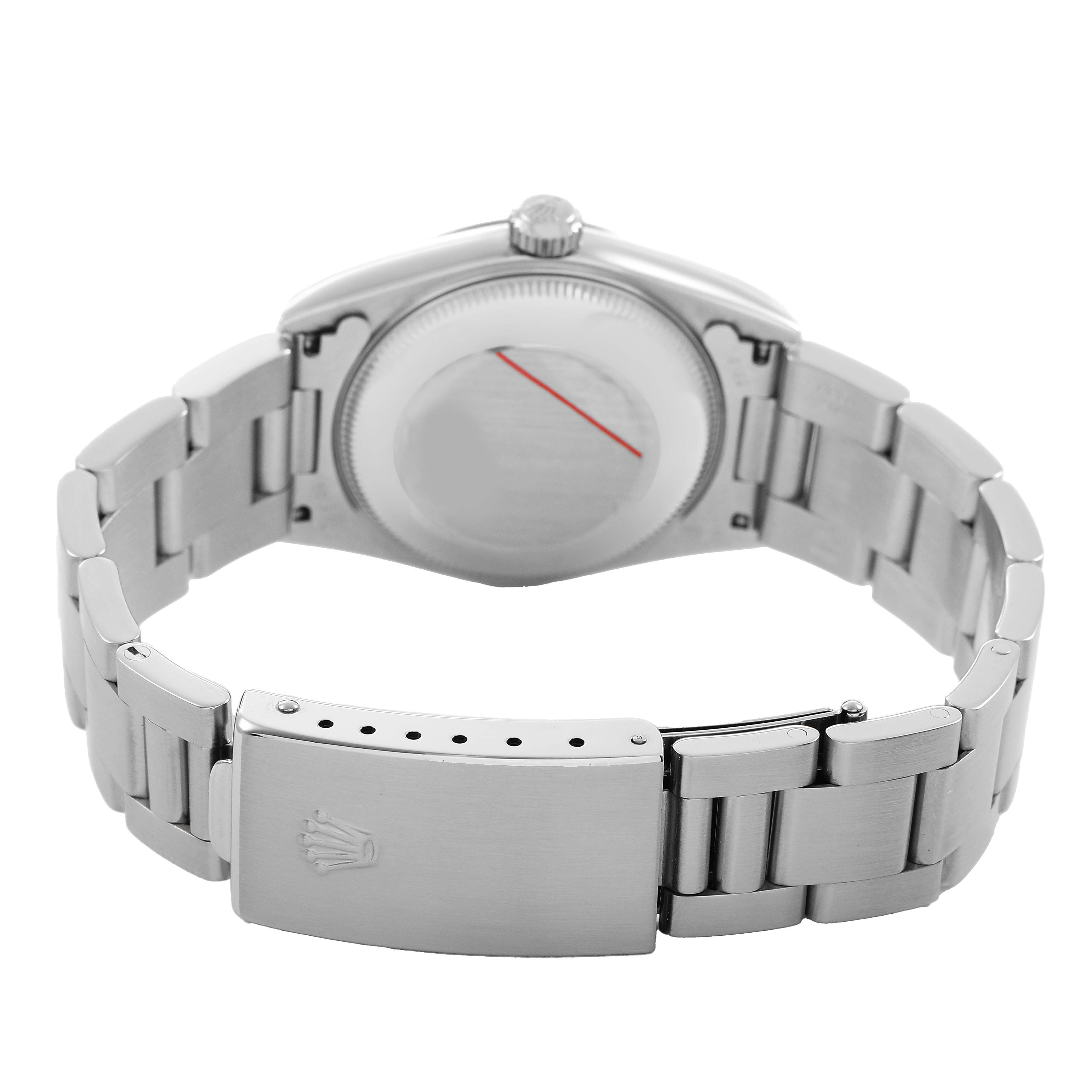 The image shows the back of a Mid-Size Rolex watch, highlighting the case, bracelet, and clasp.