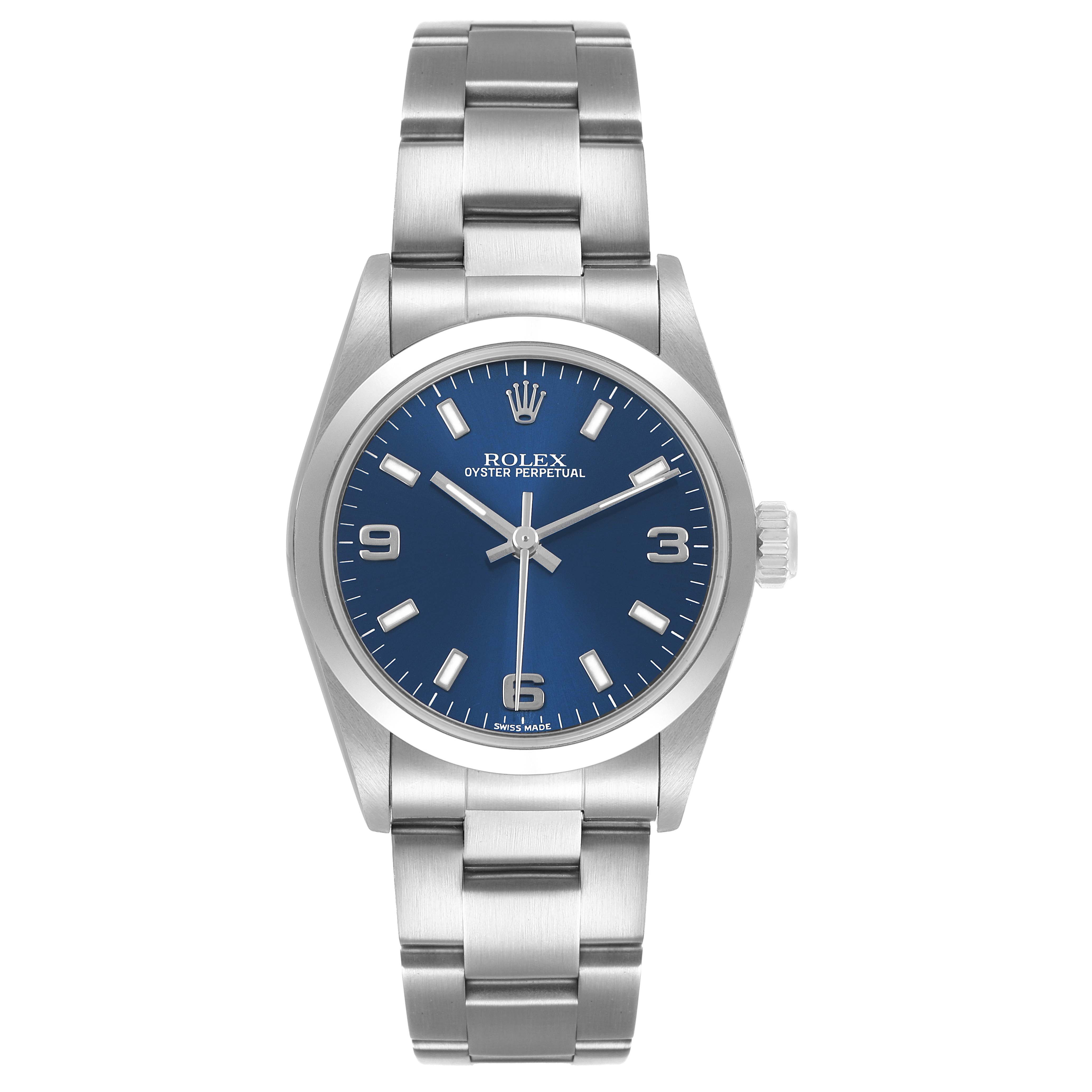 The Rolex Mid-Size 77080 Women's Stainless Steel Blue Dial watch is shown from the front, displaying the dial, bezel, and bracelet.