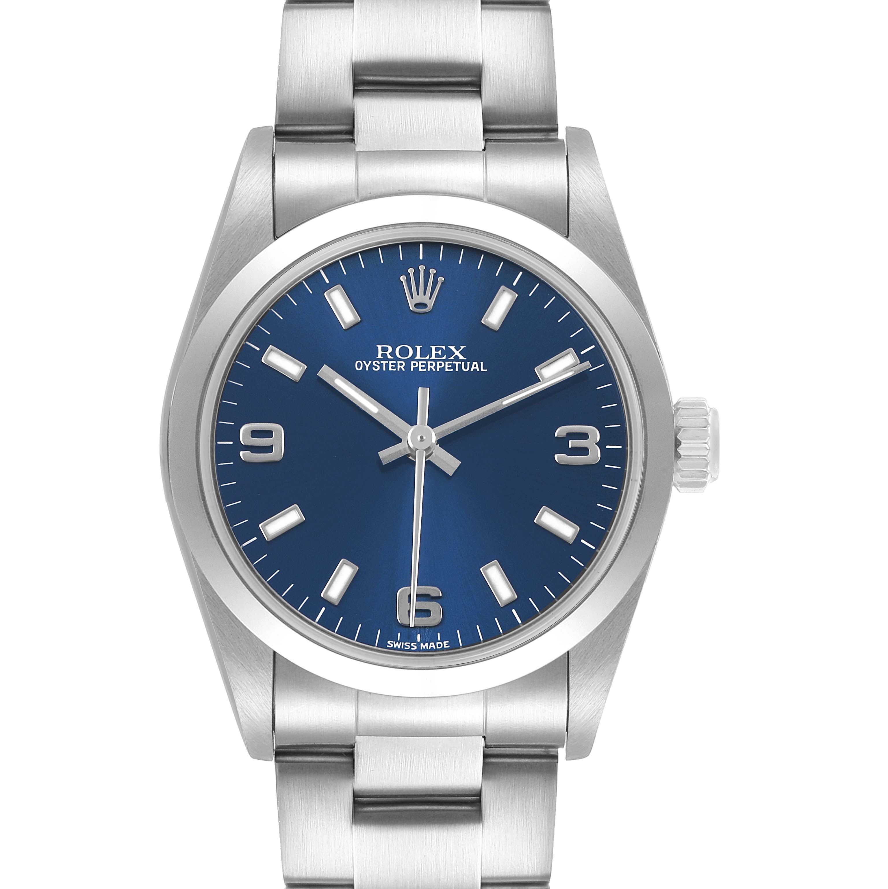 The Rolex Mid-Size 77080 Women's Stainless Steel Blue Dial watch is shown from the front, displaying its blue dial, bezel, bracelet, and crown.