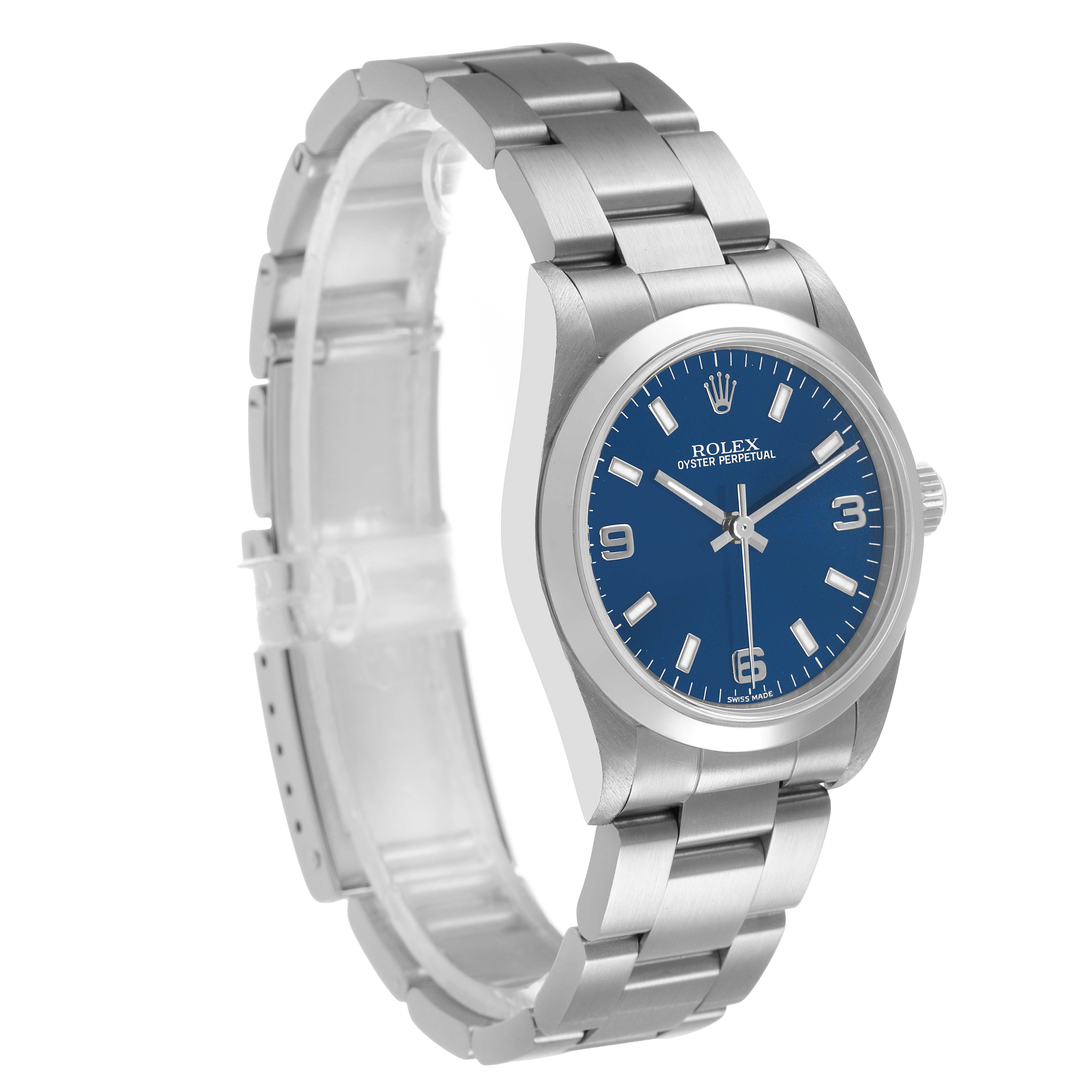 The Rolex Mid-Size 77080 Women's Stainless Steel Blue Dial watch is shown at a three-quarter angle, highlighting the blue dial, bezel, crown, and stainless steel bracelet.