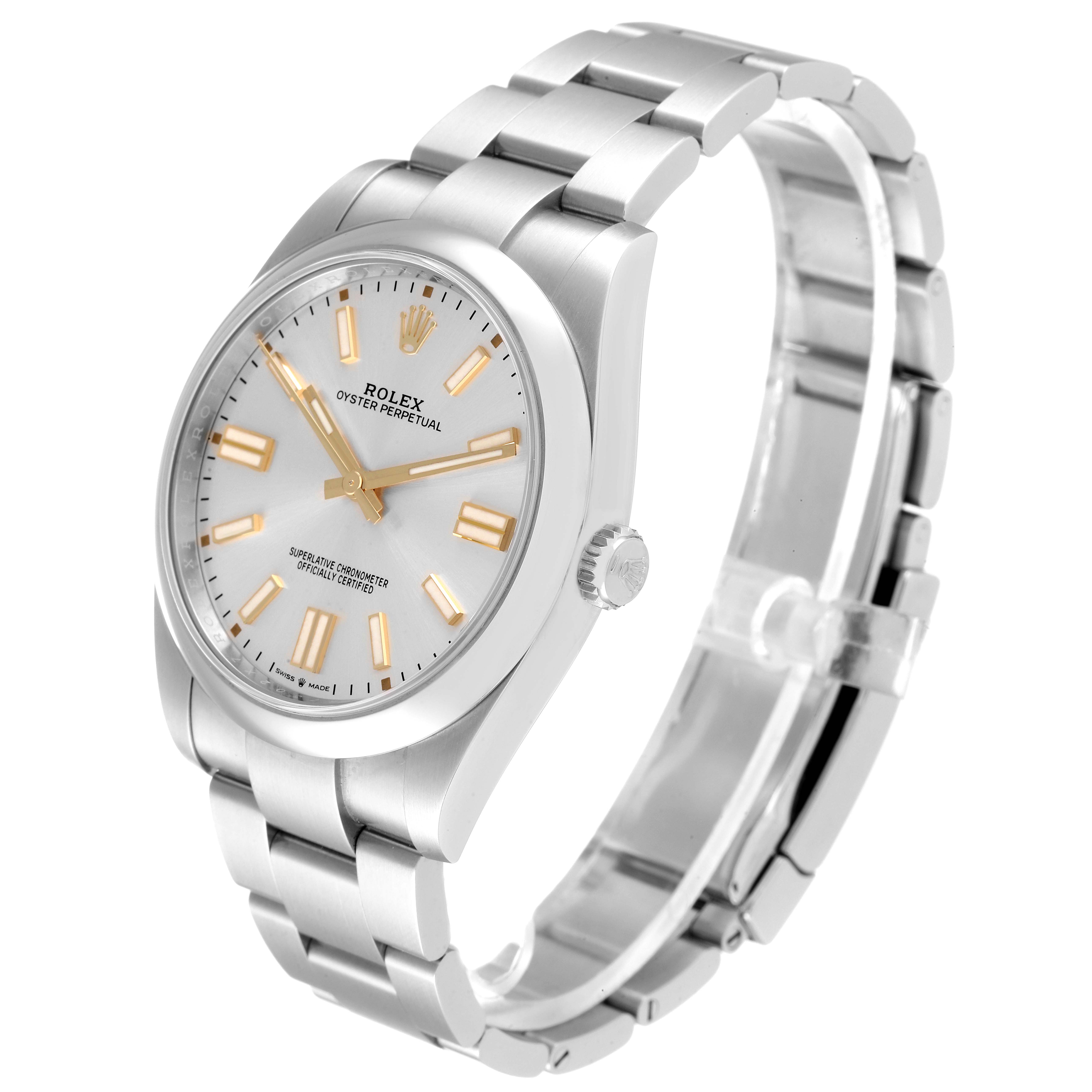 The Rolex Oyster Perpetual 124300 Men's Stainless Steel Silver Dial 124300 Men's Stainless Steel Silver Dial watch is shown at a three-quarter angle, featuring the face, bezel, case, crown, and bracelet.