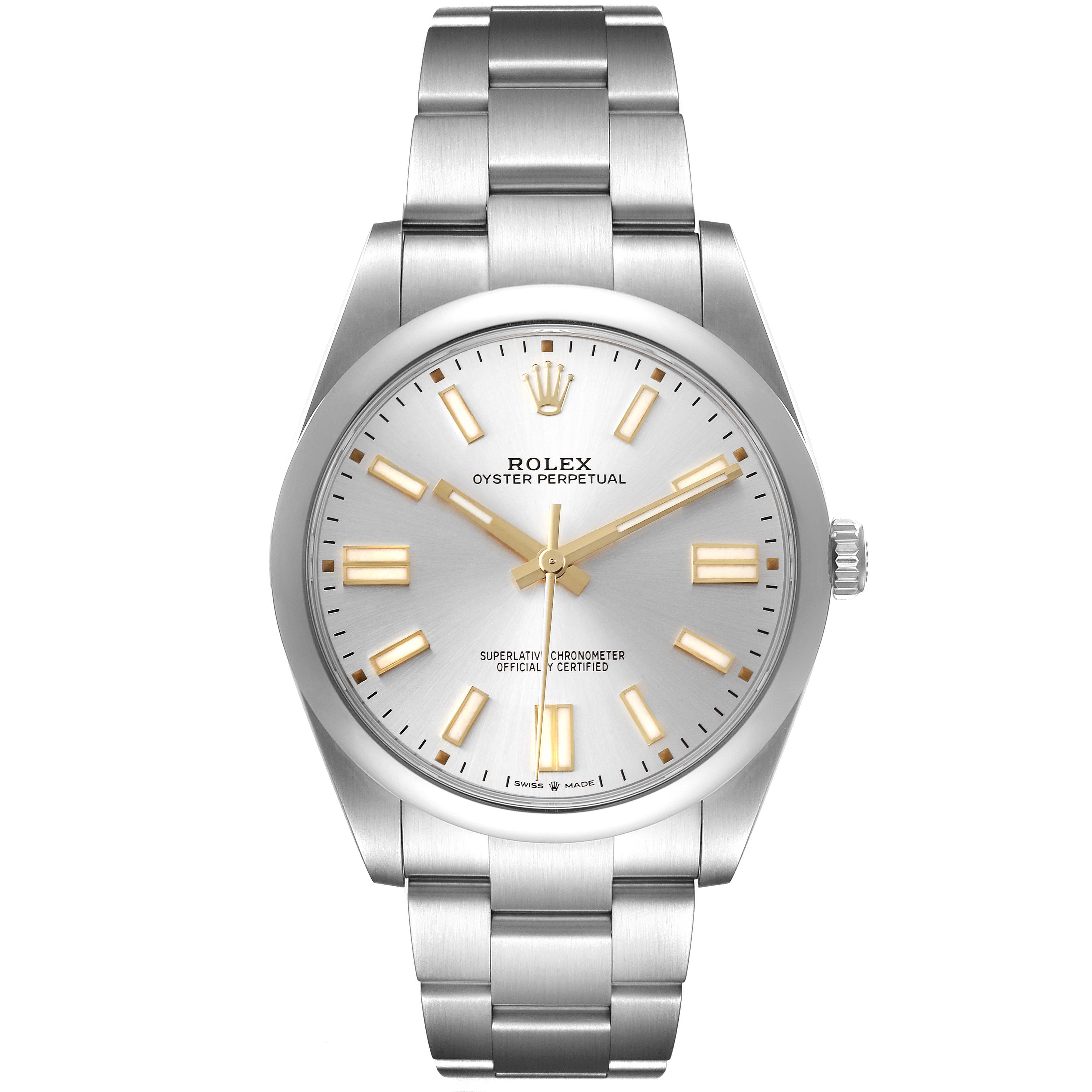 This is a front view of a Rolex Oyster Perpetual 124300 Men's Stainless Steel Silver Dial 124300 Men's Stainless Steel Silver Dial watch showing the face, dial, hands, crown, and bracelet.