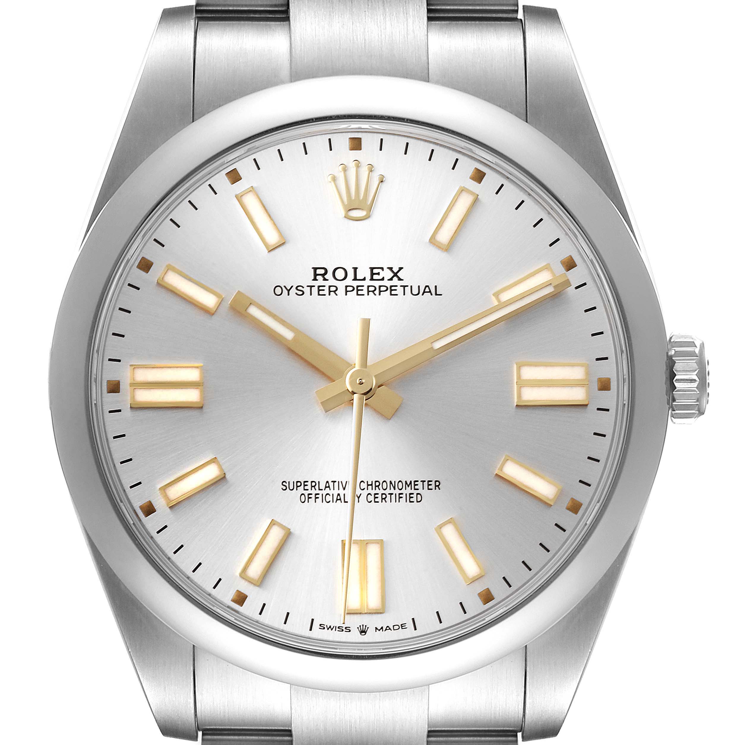The image shows a front-facing view of the Rolex Oyster Perpetual 124300 Men's Stainless Steel Silver Dial 124300 Men's Stainless Steel Silver Dial watch, displaying its dial, hands, markers, and part of the bracelet.