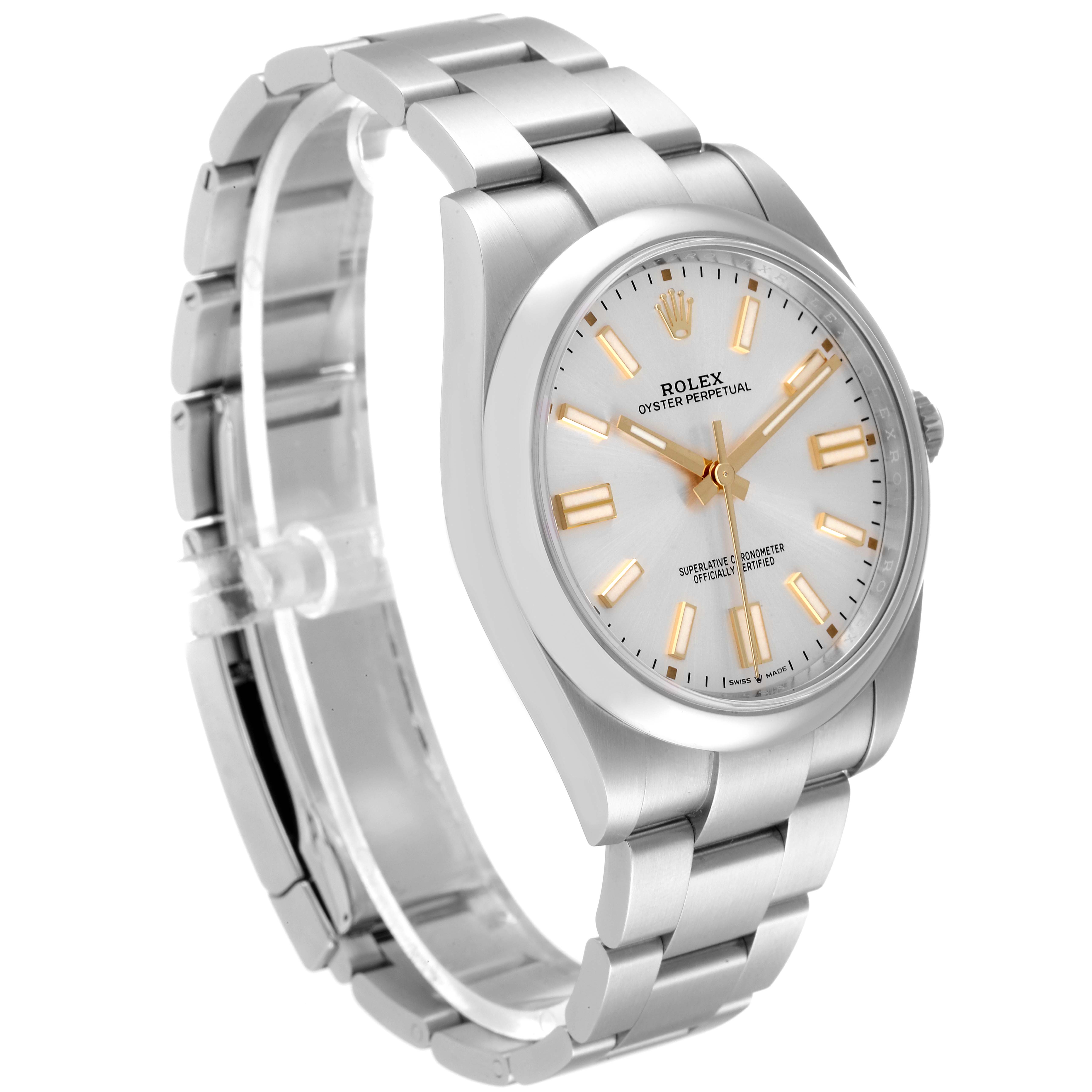 The image shows a side angle of a Rolex Oyster Perpetual 124300 Men's Stainless Steel Silver Dial 124300 Men's Stainless Steel Silver Dial watch, highlighting its silver bracelet and white dial with gold markers.