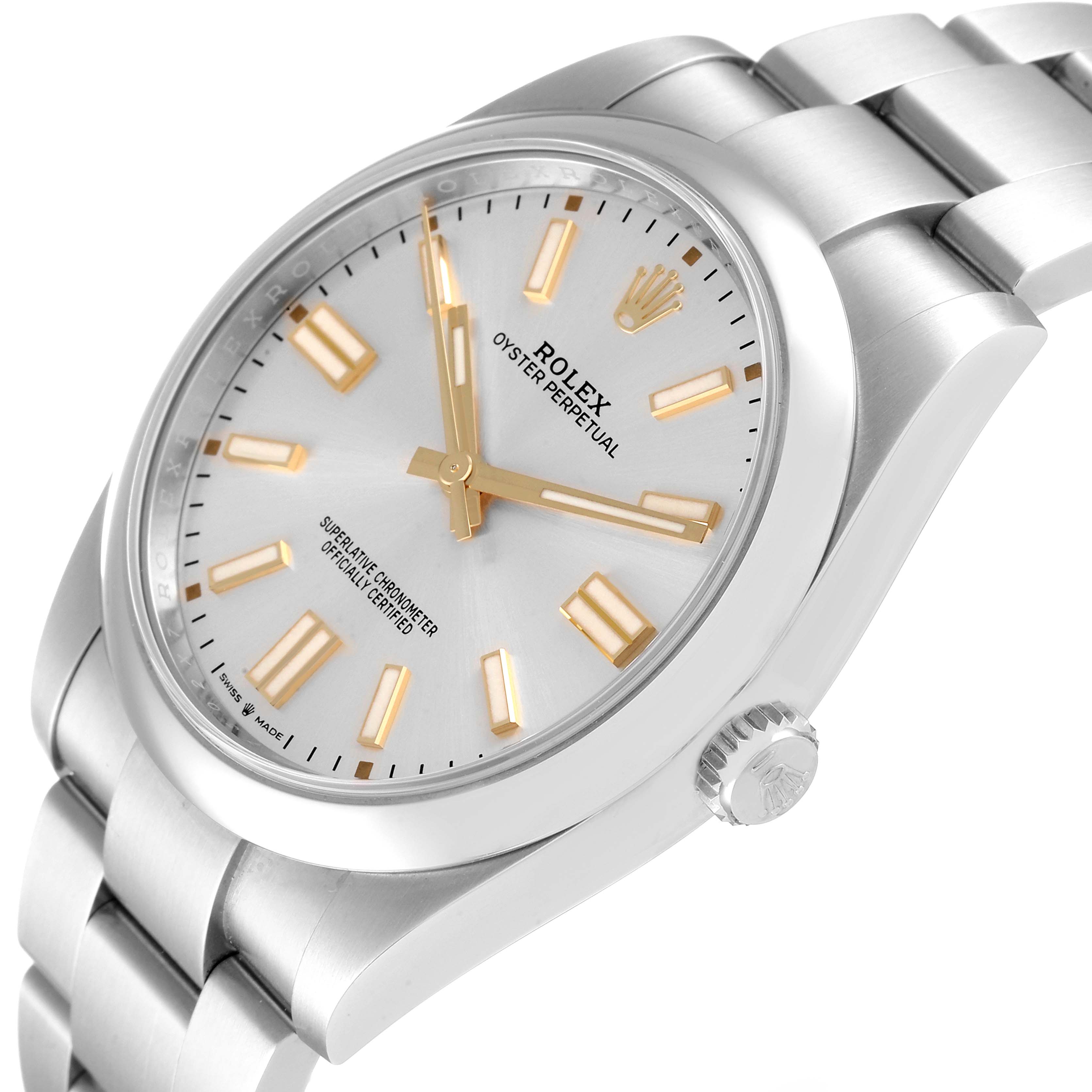 The Rolex Oyster Perpetual 124300 Men's Stainless Steel Silver Dial 124300 Men's Stainless Steel Silver Dial watch is shown from an angled top view, highlighting its dial, hands, and band.