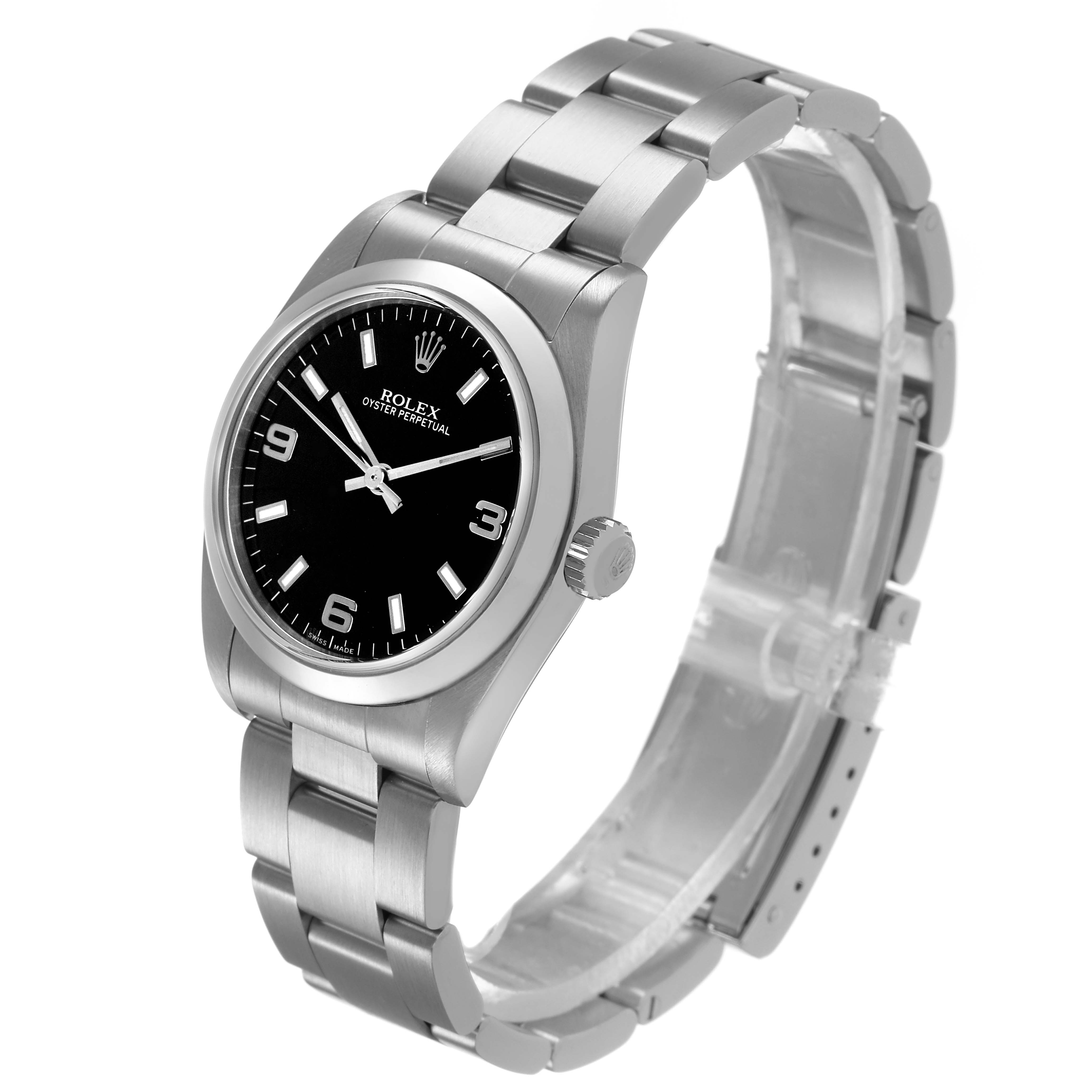 The Rolex Oyster Perpetual 77080 Women's Stainless Steel Black Dial watch is shown at a side angle, displaying the face, bezel, and partial bracelet.