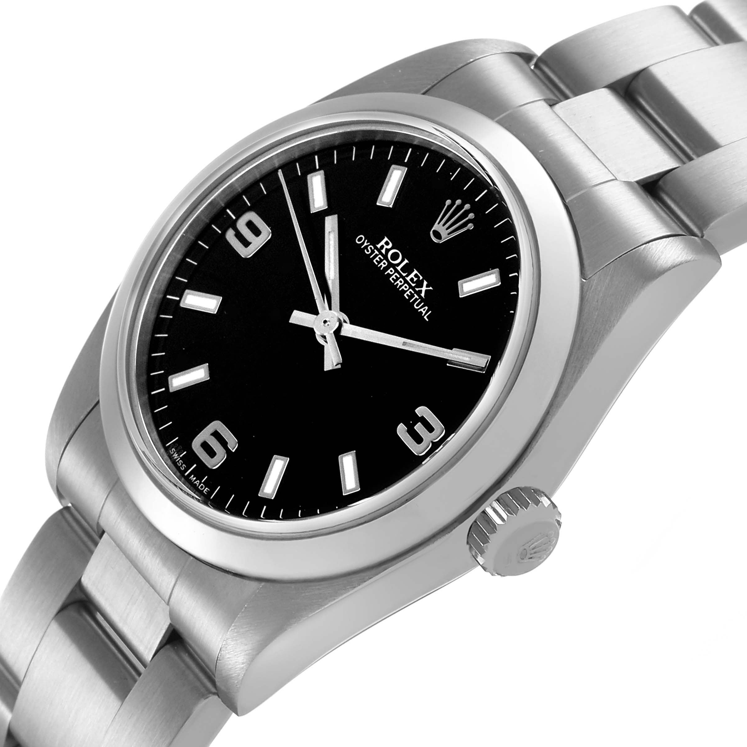 The Rolex Oyster Perpetual 77080 Women's Stainless Steel Black Dial watch is shown at a tilted angle highlighting the face, bezel, crown, and bracelet.