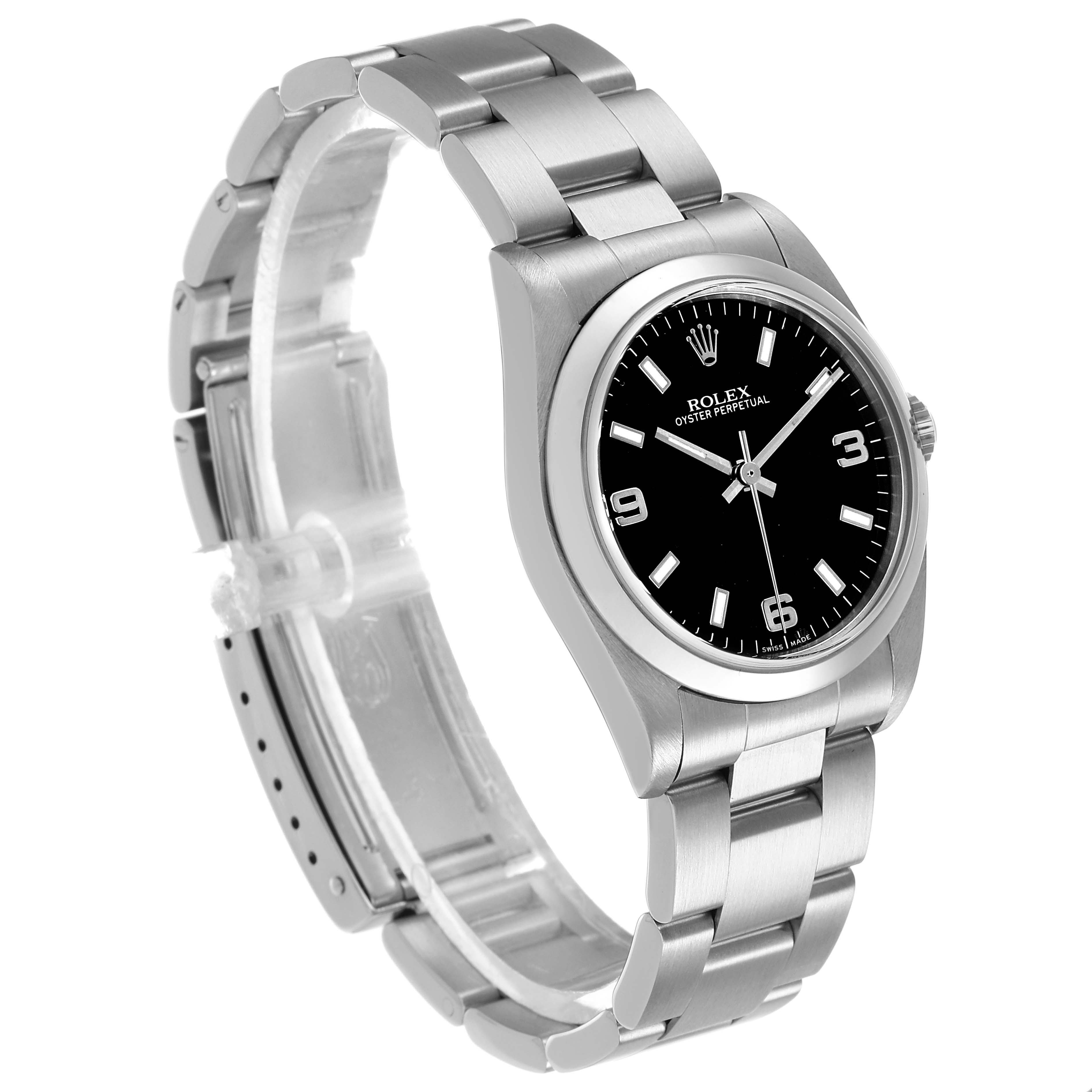 The Rolex Oyster Perpetual 77080 Women's Stainless Steel Black Dial watch is shown at a three-quarter angle, highlighting the bracelet, case, and dial.