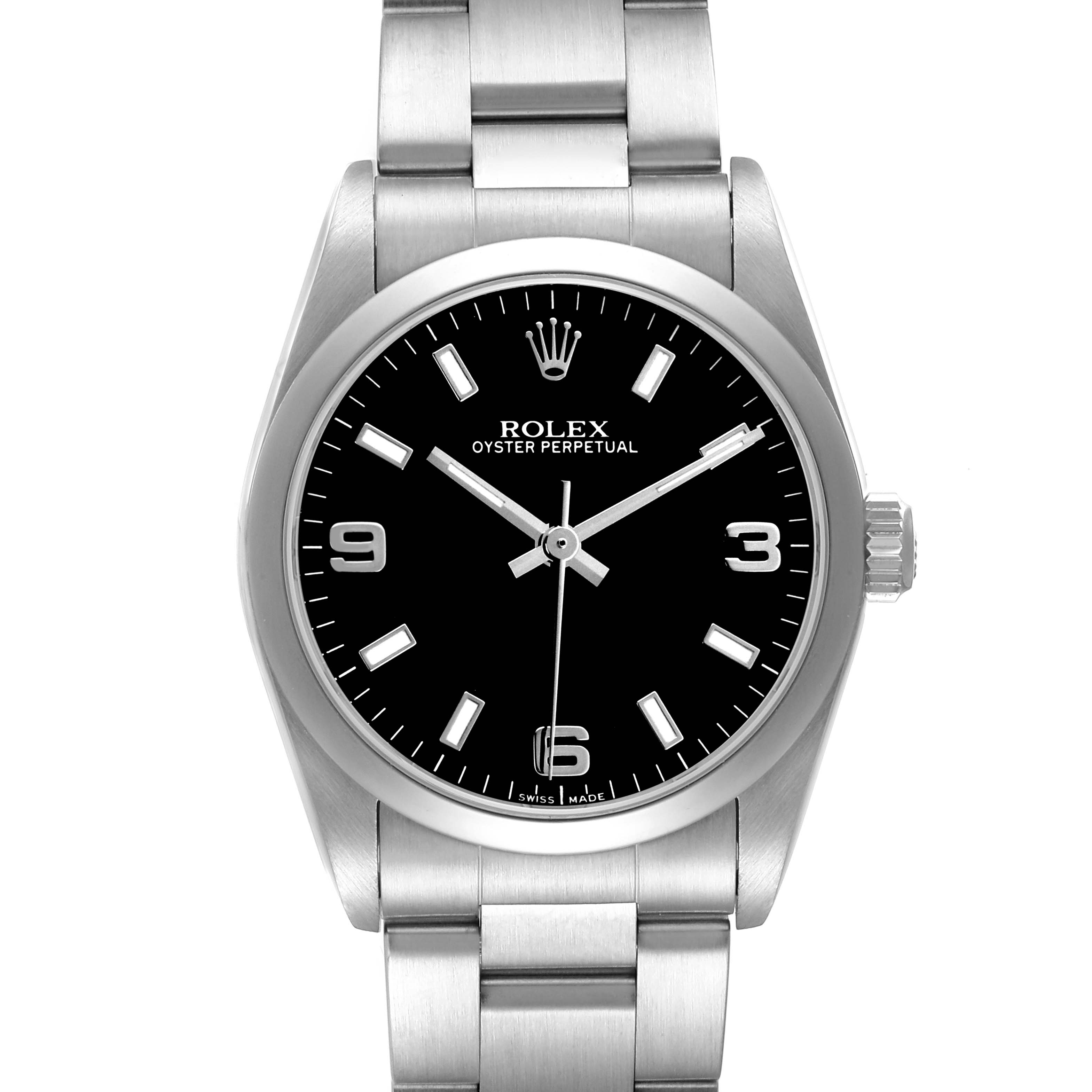 The Rolex Oyster Perpetual 77080 Women's Stainless Steel Black Dial watch is shown from the front, highlighting the dial, bezel, and bracelet.