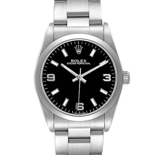 The Rolex Oyster Perpetual 77080 Women's Stainless Steel Black Dial watch is shown from a top-down angle, displaying the dial, case, and part of the bracelet.