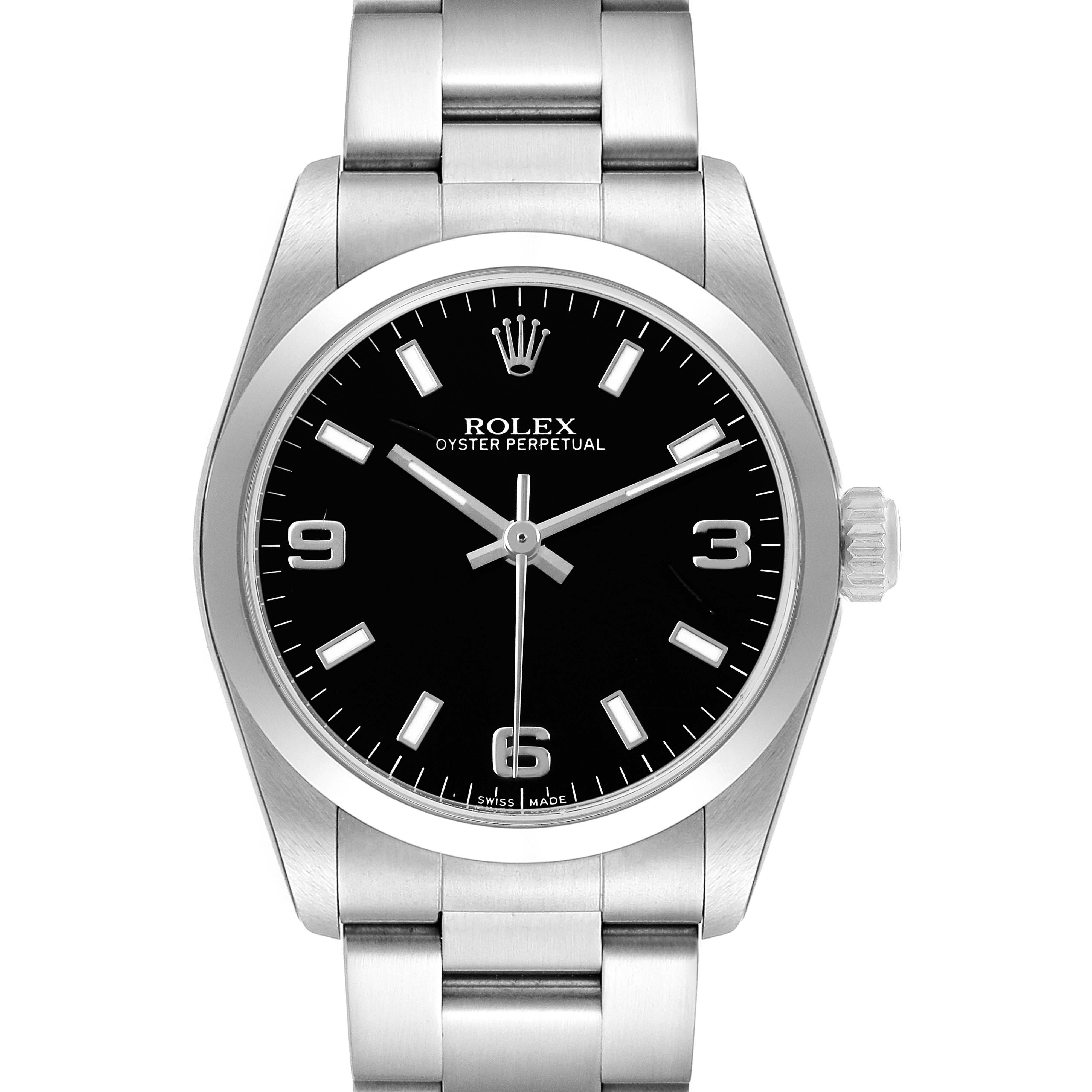 The Rolex Oyster Perpetual 77080 Women's Stainless Steel Black Dial watch is shown from the front, displaying the dial, bezel, and part of the bracelet.