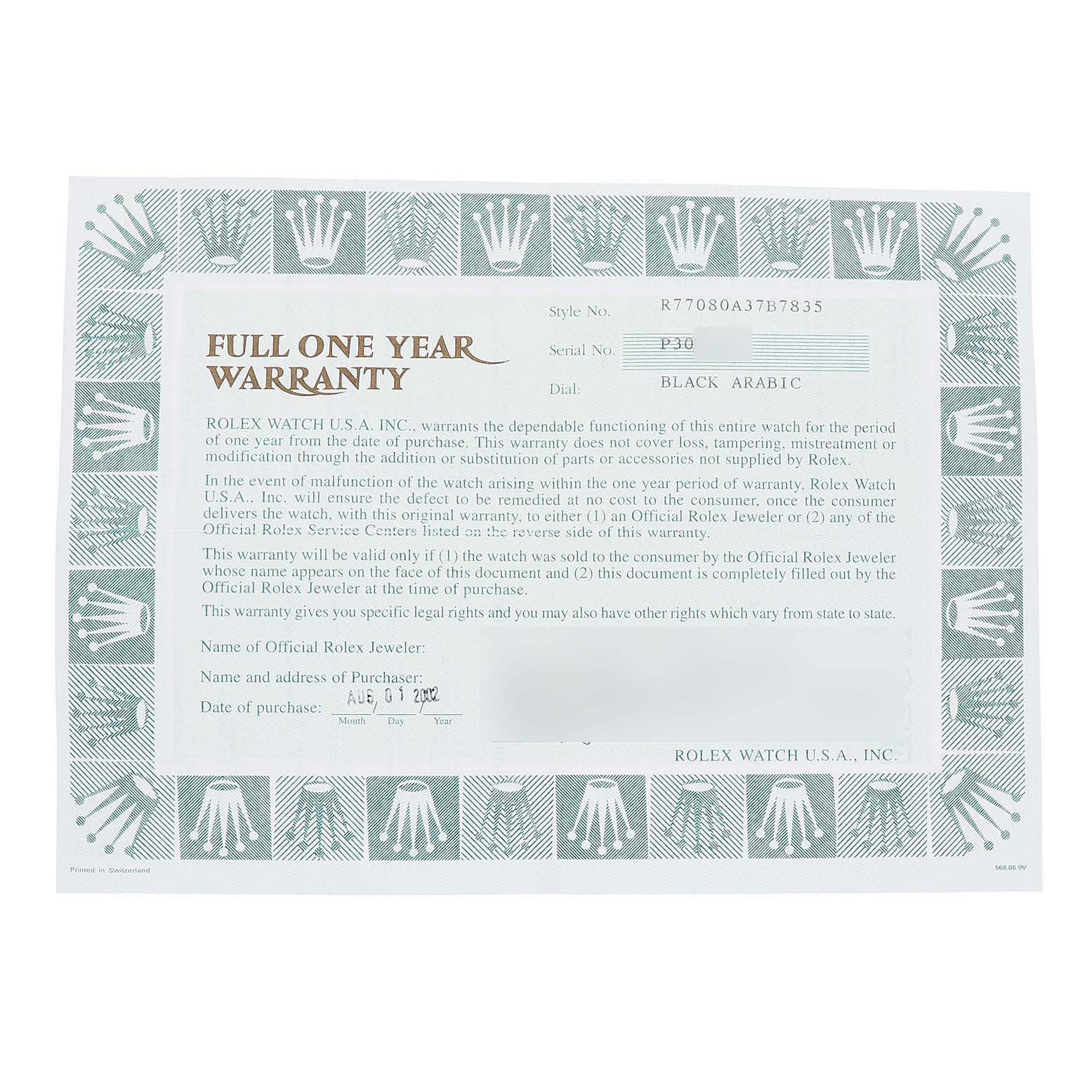 The image shows a warranty card for a Rolex Oyster Perpetual 77080 Women's Stainless Steel Black Dial watch, highlighting terms and details.