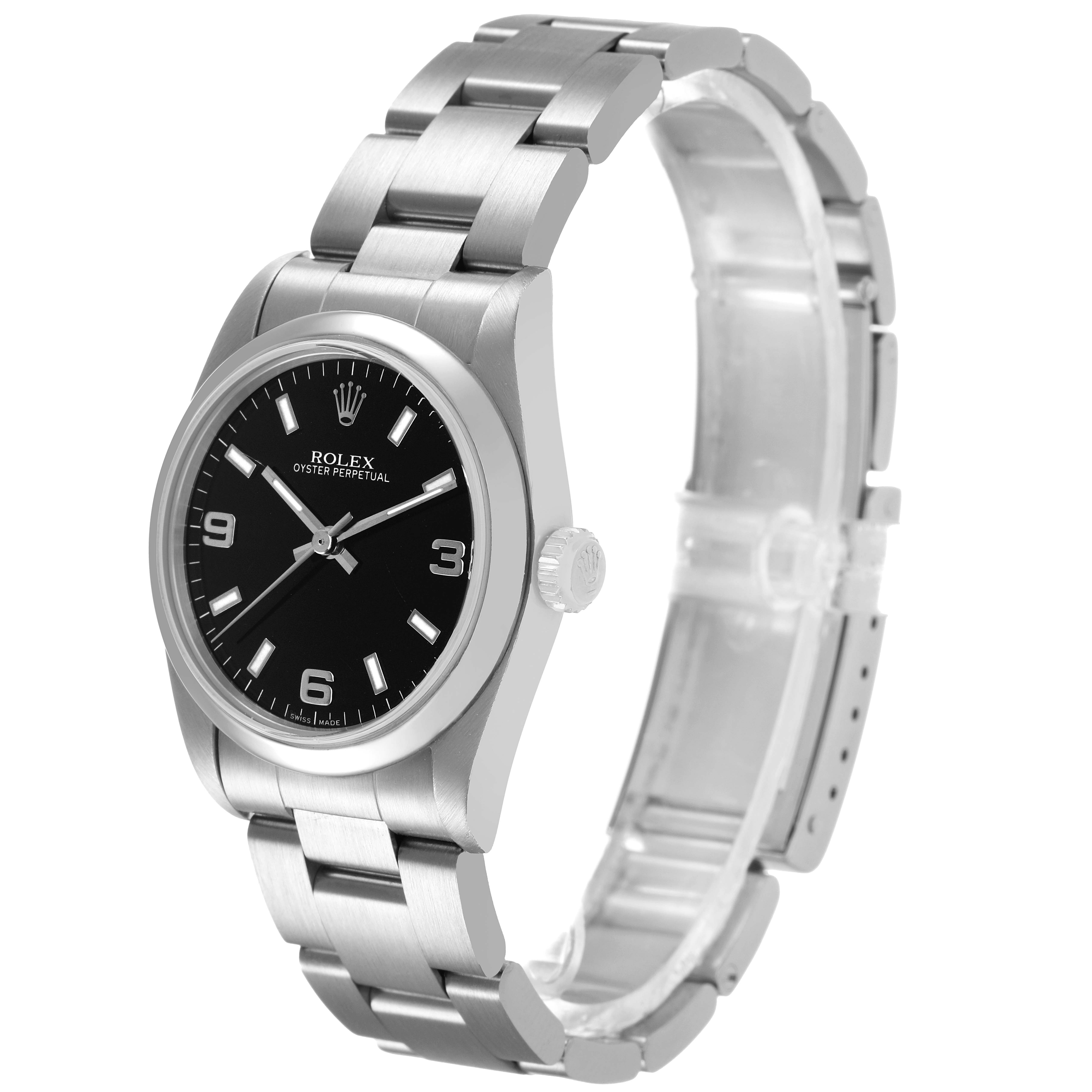 The Rolex Oyster Perpetual 77080 Women's Stainless Steel Black Dial watch is shown at a three-quarter angle, highlighting the face, bezel, bracelet, and crown.
