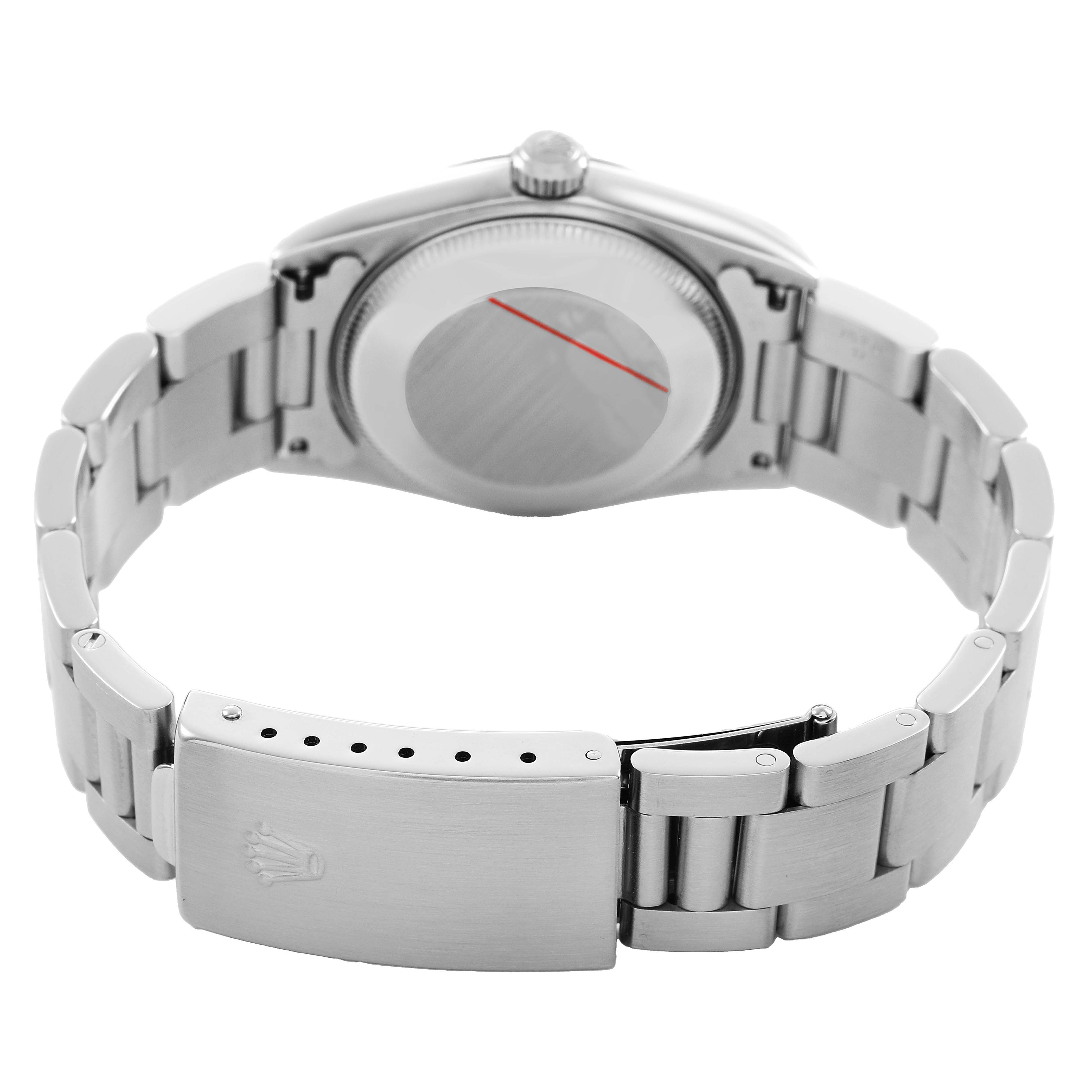 The Rolex Oyster Perpetual 77080 Women's Stainless Steel Black Dial watch is shown from the back, highlighting its stainless steel bracelet, clasp, and case back.