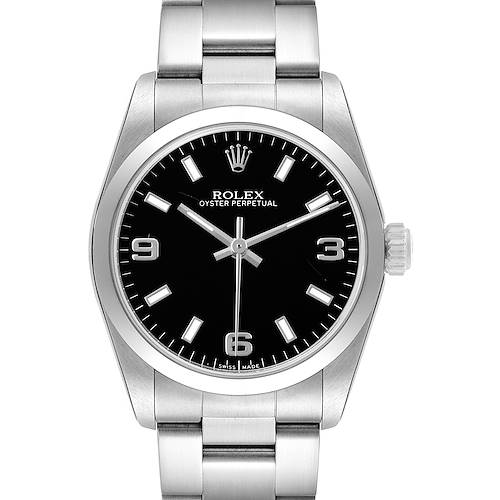 The Rolex Oyster Perpetual 77080 Women's Stainless Steel Black Dial watch is shown from a front angle, displaying its black dial, silver indices, and bracelet.