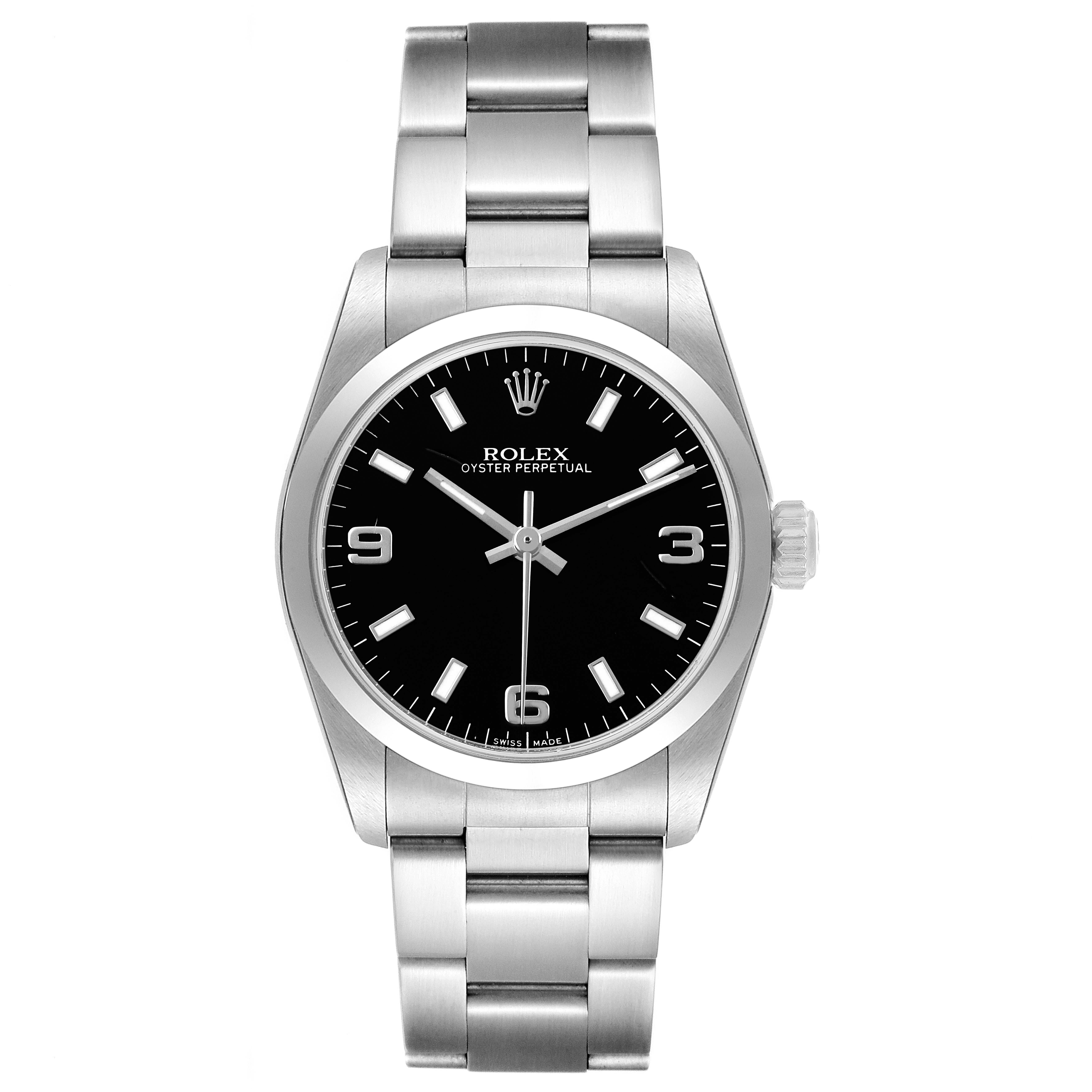 The Rolex Oyster Perpetual 77080 Women's Stainless Steel Black Dial watch is shown from a front-facing angle, displaying the dial, bracelet, and bezel.