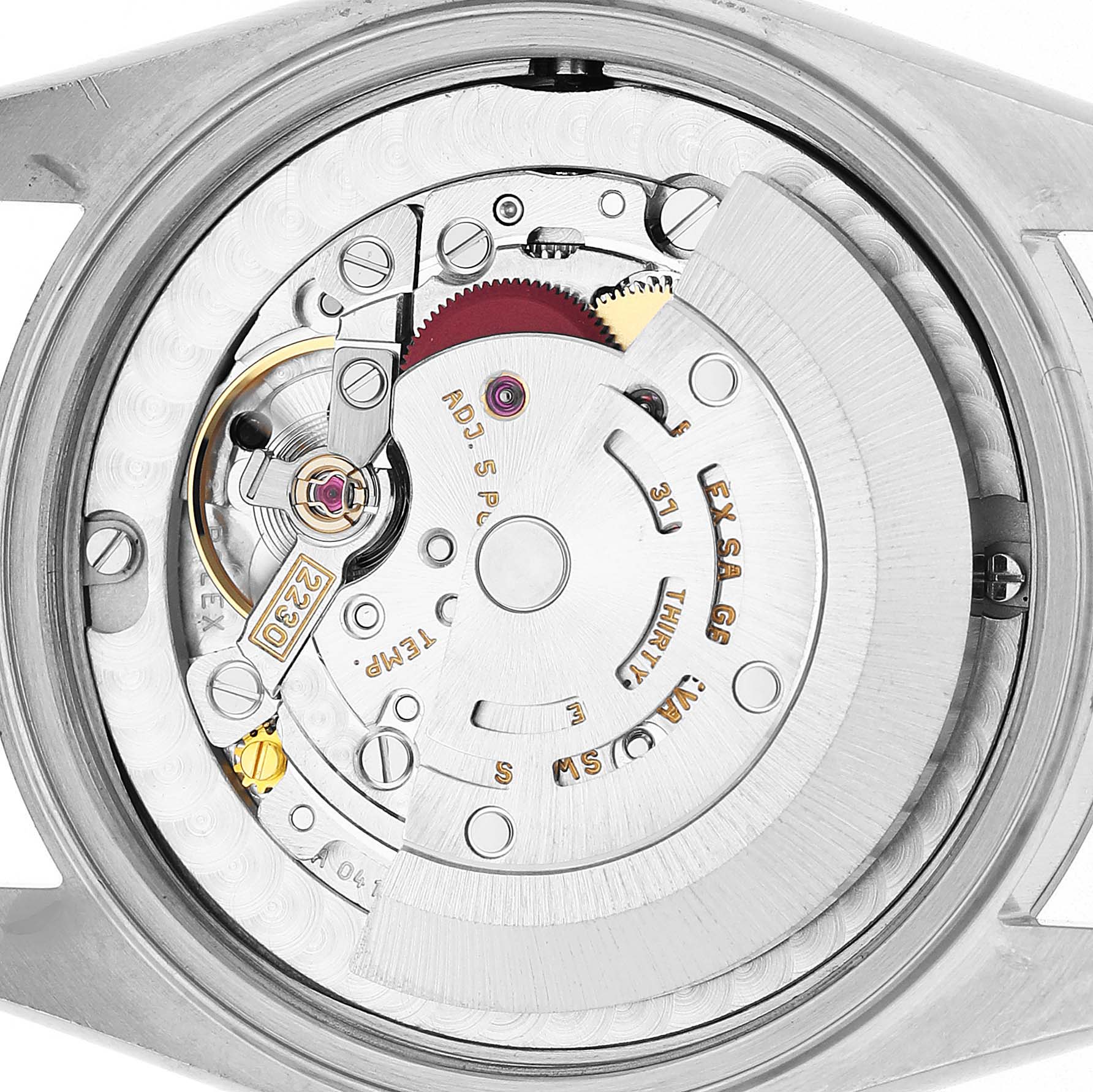 This image shows the movement of a Rolex Oyster Perpetual 77080 Women's Stainless Steel Black Dial watch from a top-down angle, highlighting its intricate components.