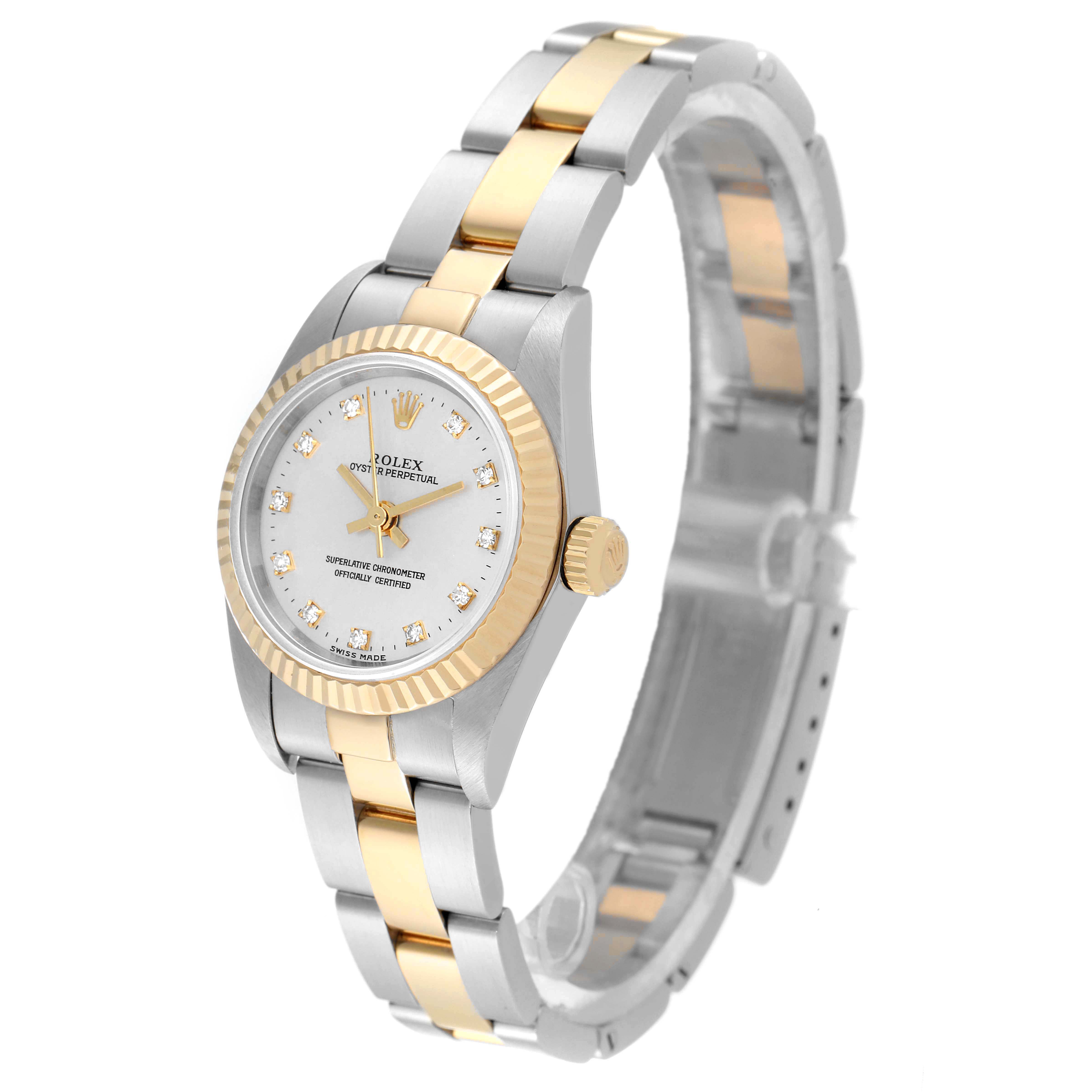 The Rolex Oyster Perpetual 76193 Women's Steel and Gold (two tone) Silver Dial 76193 Women's Steel and Gold (two tone) Silver Dial watch is shown at a three-quarter angle, highlighting its face, bezel, crown, and bracelet.