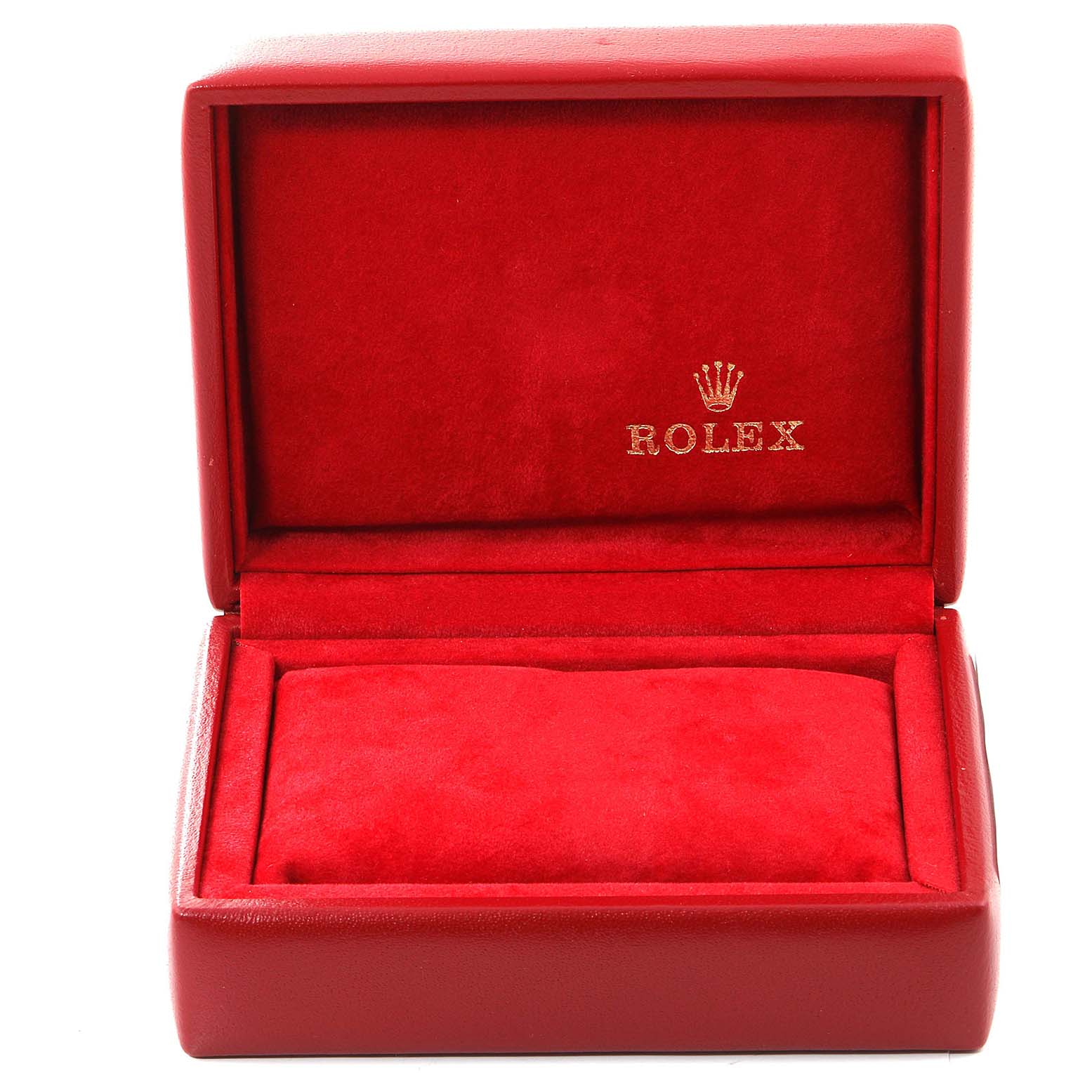 The image shows a red Rolex watch box for the Oyster Perpetual model, viewed from the front with the lid open.