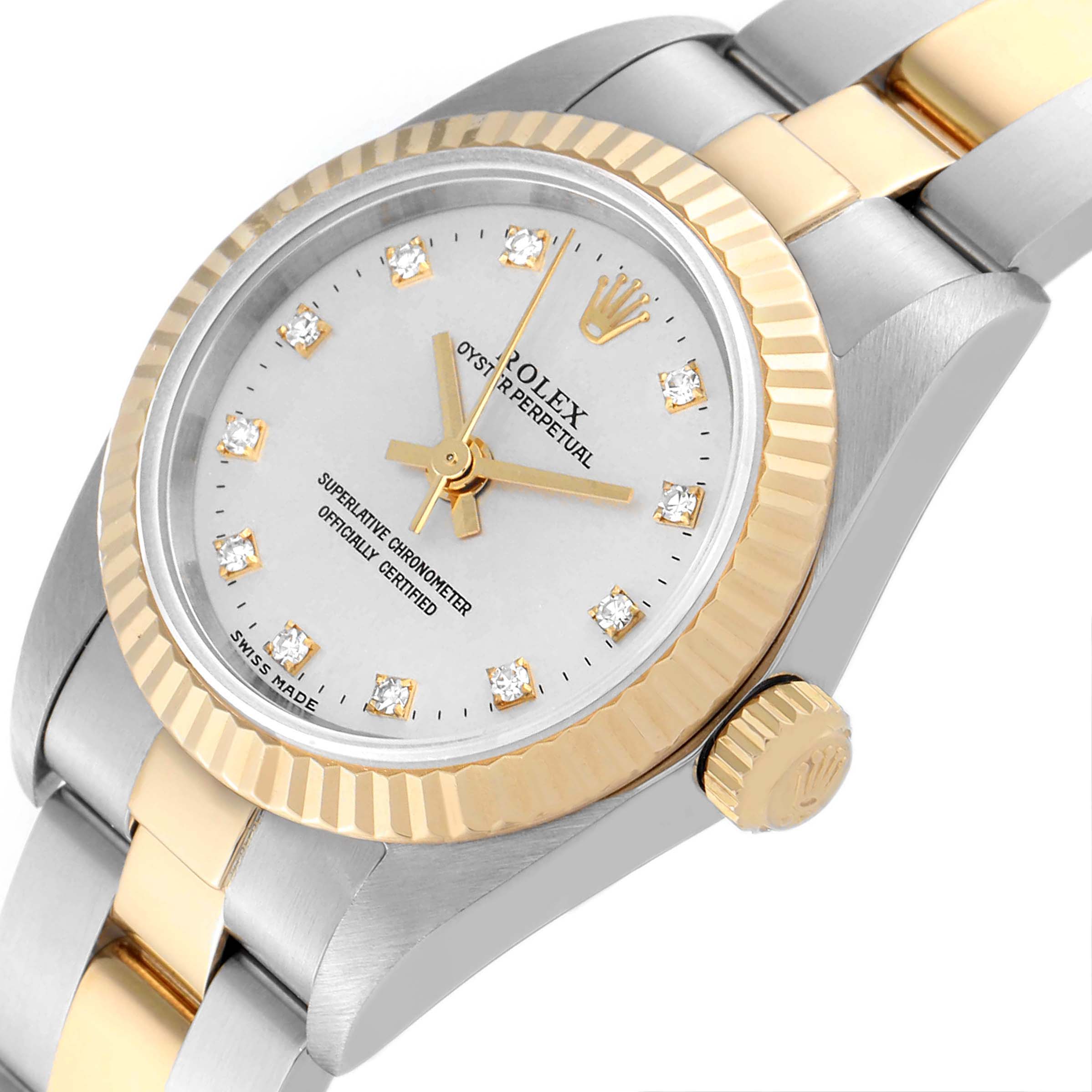The image shows a close-up angle of a Rolex Oyster Perpetual 76193 Women's Steel and Gold (two tone) Silver Dial 76193 Women's Steel and Gold (two tone) Silver Dial watch highlighting its face, bezel, and part of the bracelet.