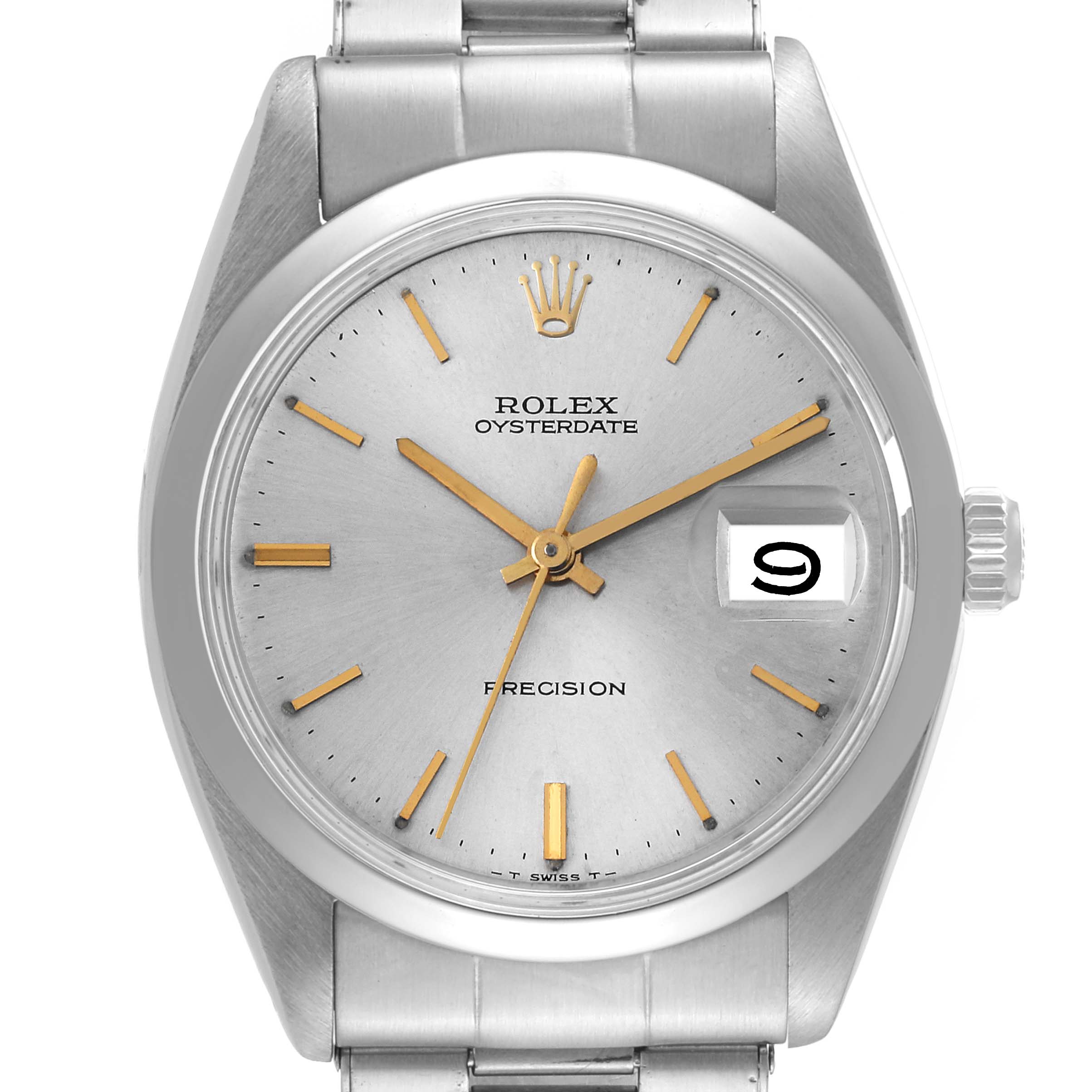 The image shows a front view of a Rolex Vintage Collection 6694 Men's Stainless Steel Silver Dial 6694 Men's Stainless Steel Silver Dial Oystedate watch, highlighting the dial, markers, and crown.