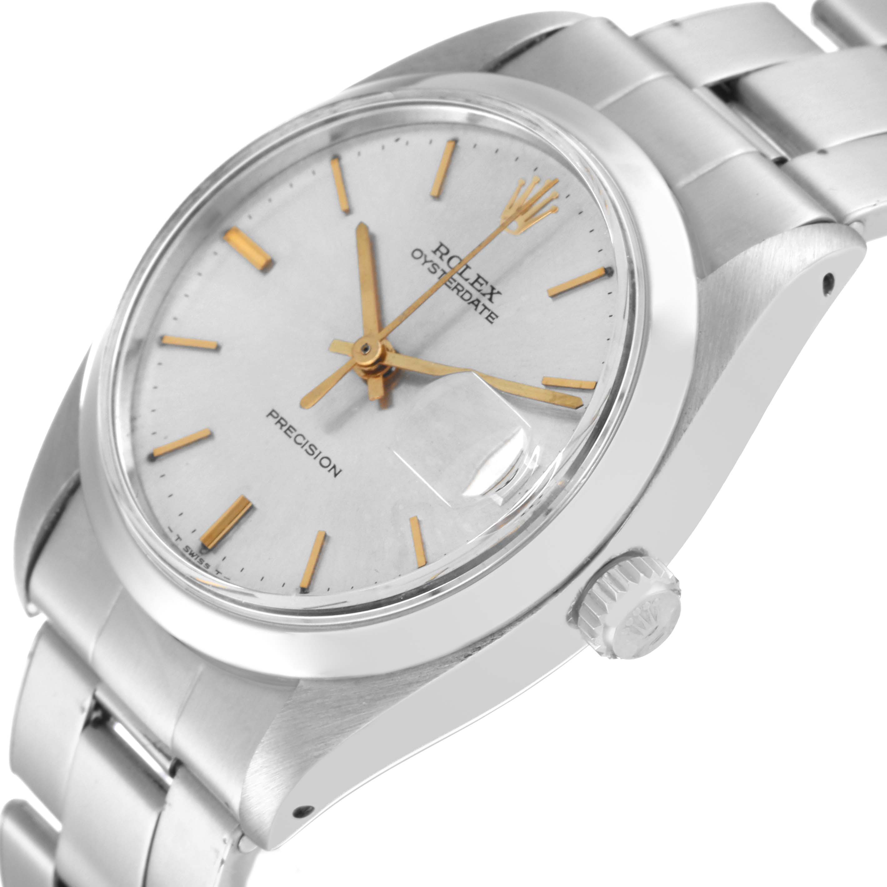 The image shows a Vintage Collection Rolex Oysterdate watch at an angle displaying the face, hands, crown, and part of the band.