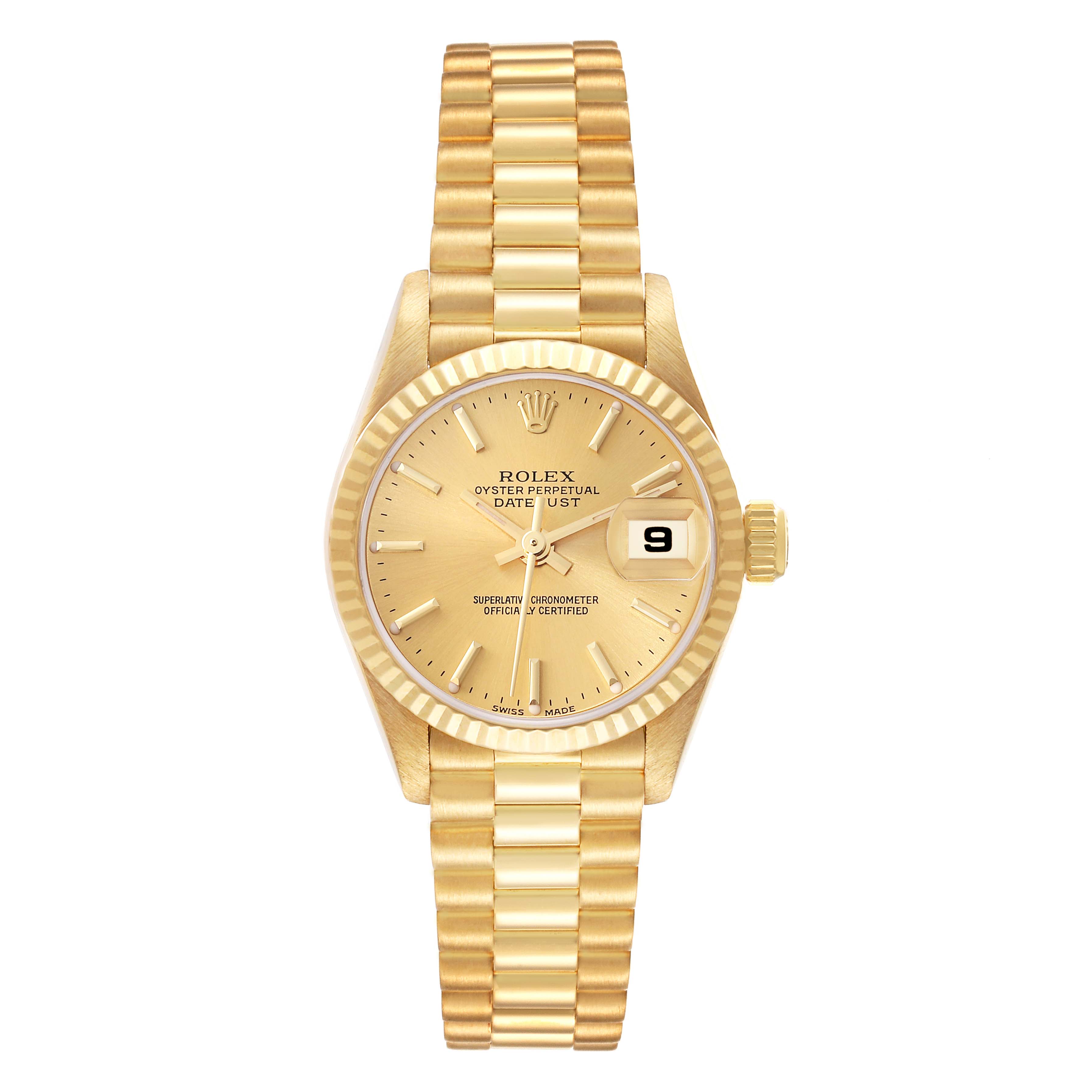 The image shows a front view of a Rolex President 79178 Women
s Yellow Gold Champagne Dial 79178 Women
s Yellow Gold Champagne Dial model watch, highlighting the dial, bezel, and bracelet.
