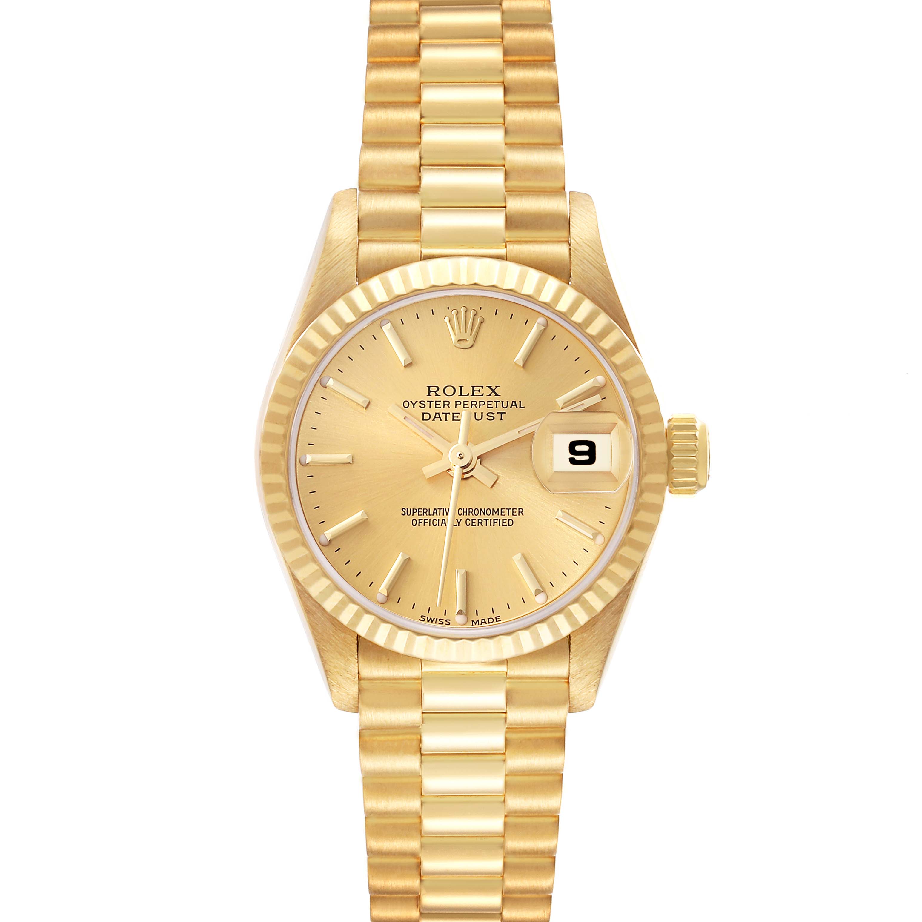 This image shows a front view of a Rolex President 79178 Women
s Yellow Gold Champagne Dial 79178 Women
s Yellow Gold Champagne Dial model watch, highlighting the dial, hands, date window, and bracelet.